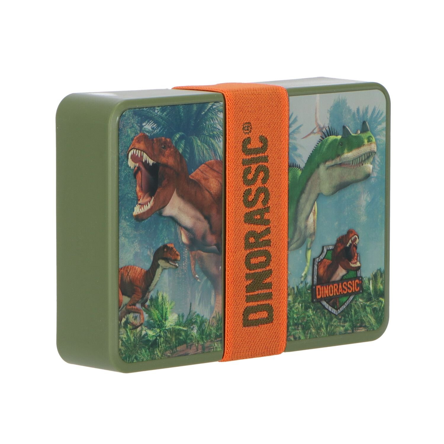 Grüne Brotdose mit Dinosaurier-Design, gesichert durch einen orangenen Riemen.