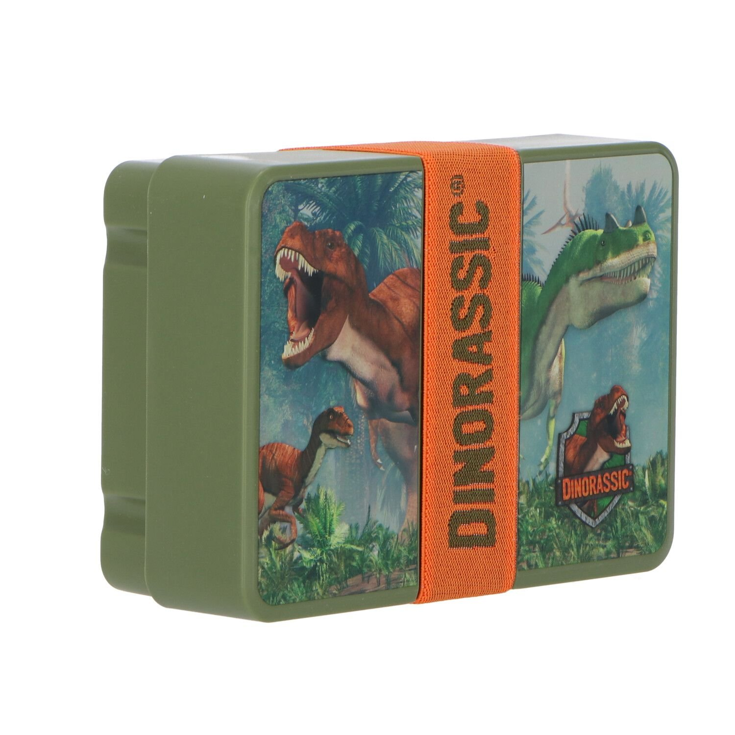 Grüne Brotdose mit Dinosauriern darauf. Ein orangefarbenes Band umschließt sie. Dinorassic steht darauf.