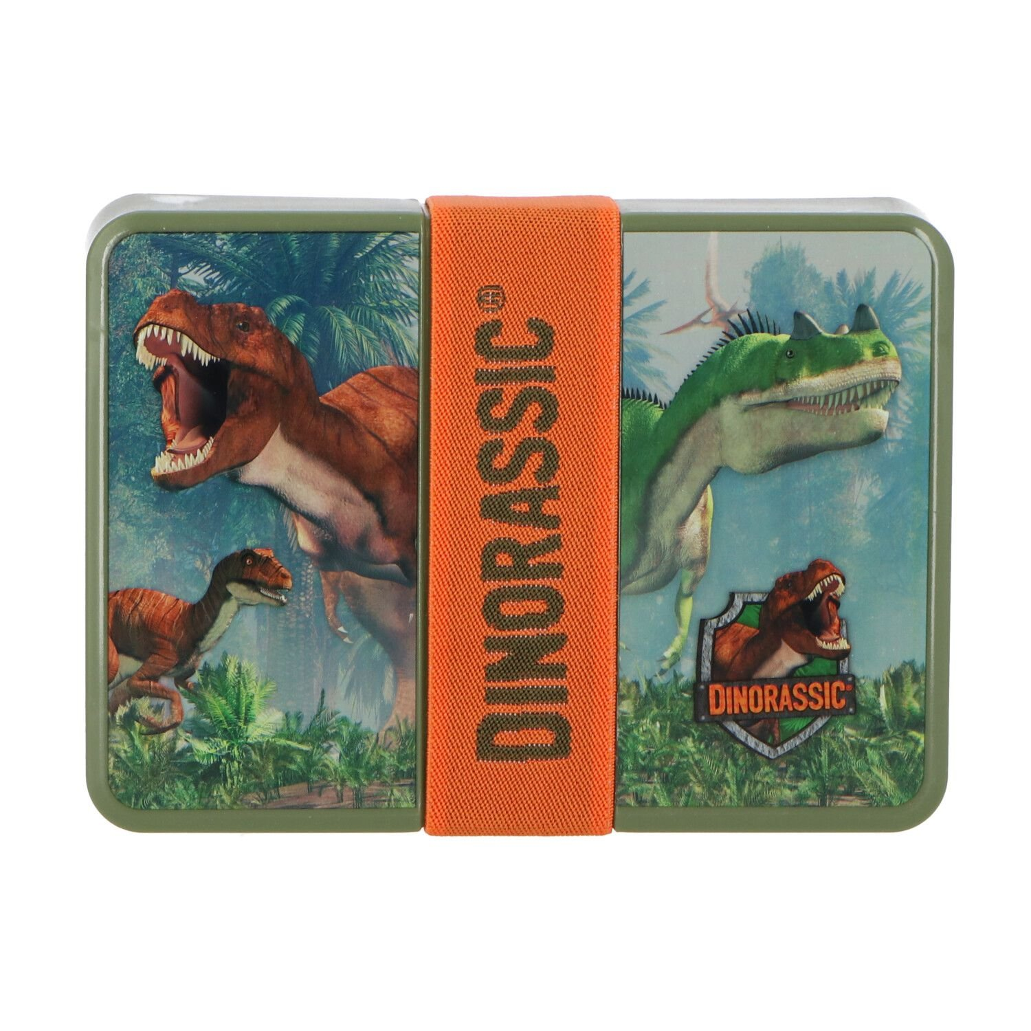 Metall-Lunchbox mit Dinosaurier-Illustrationen, gesichert durch ein orangefarbenes Gummiband.