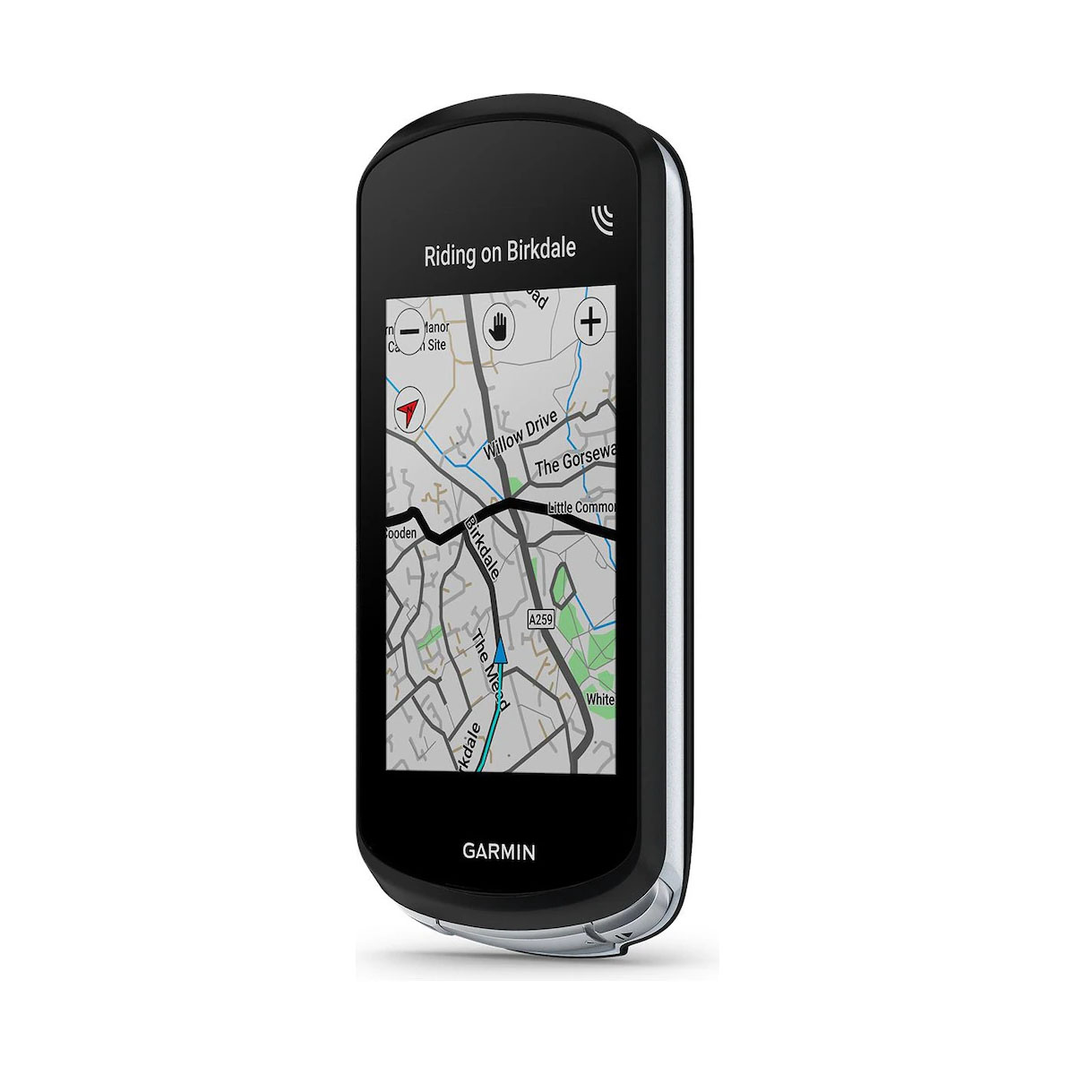 Czarne urządzenie GPS Garmin pokazujące mapę Birkdale. Posiada ekran dotykowy.