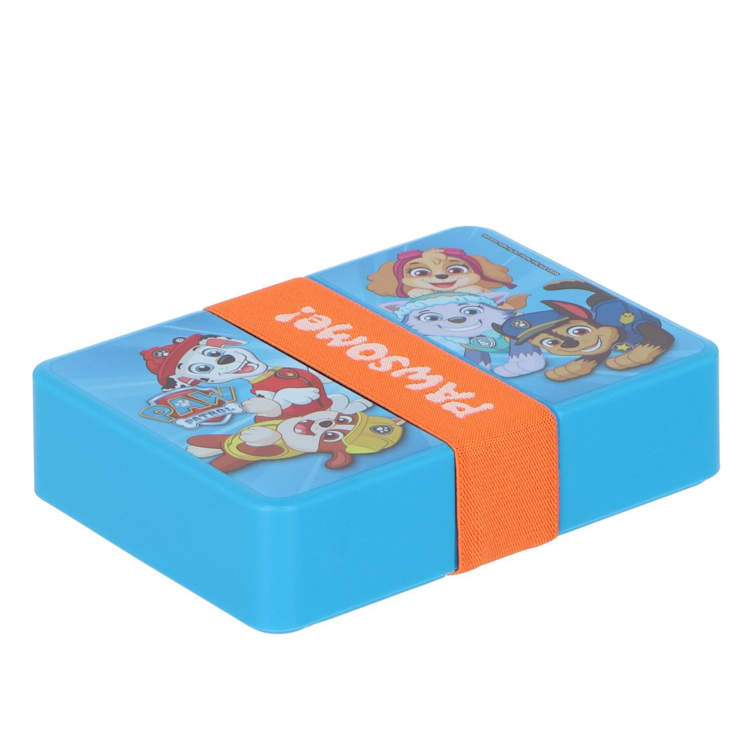 Blauwe Paw Patrol lunchbox met cartoonfiguren en oranje band.