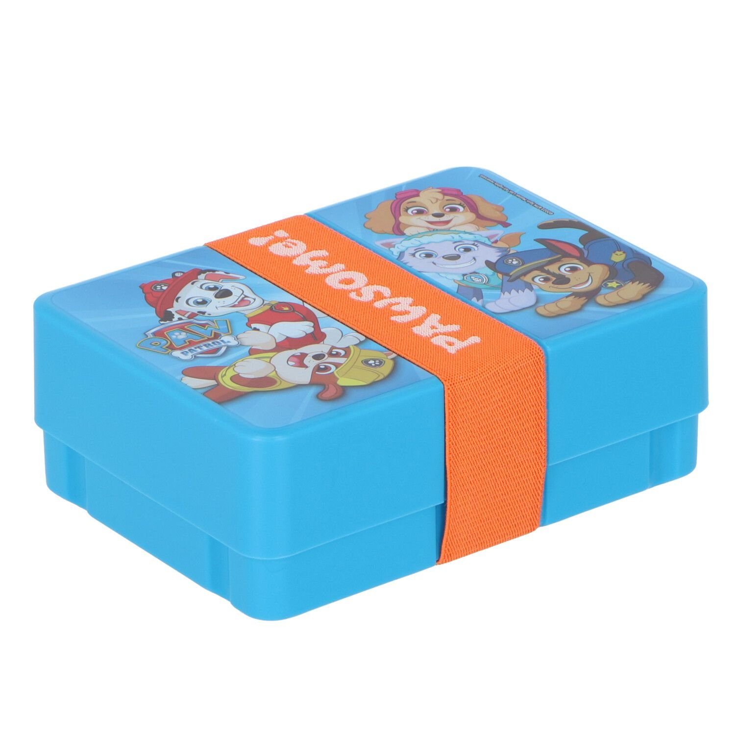 Blauwe Paw Patrol lunchbox met oranje band en hondenkarakters erop.