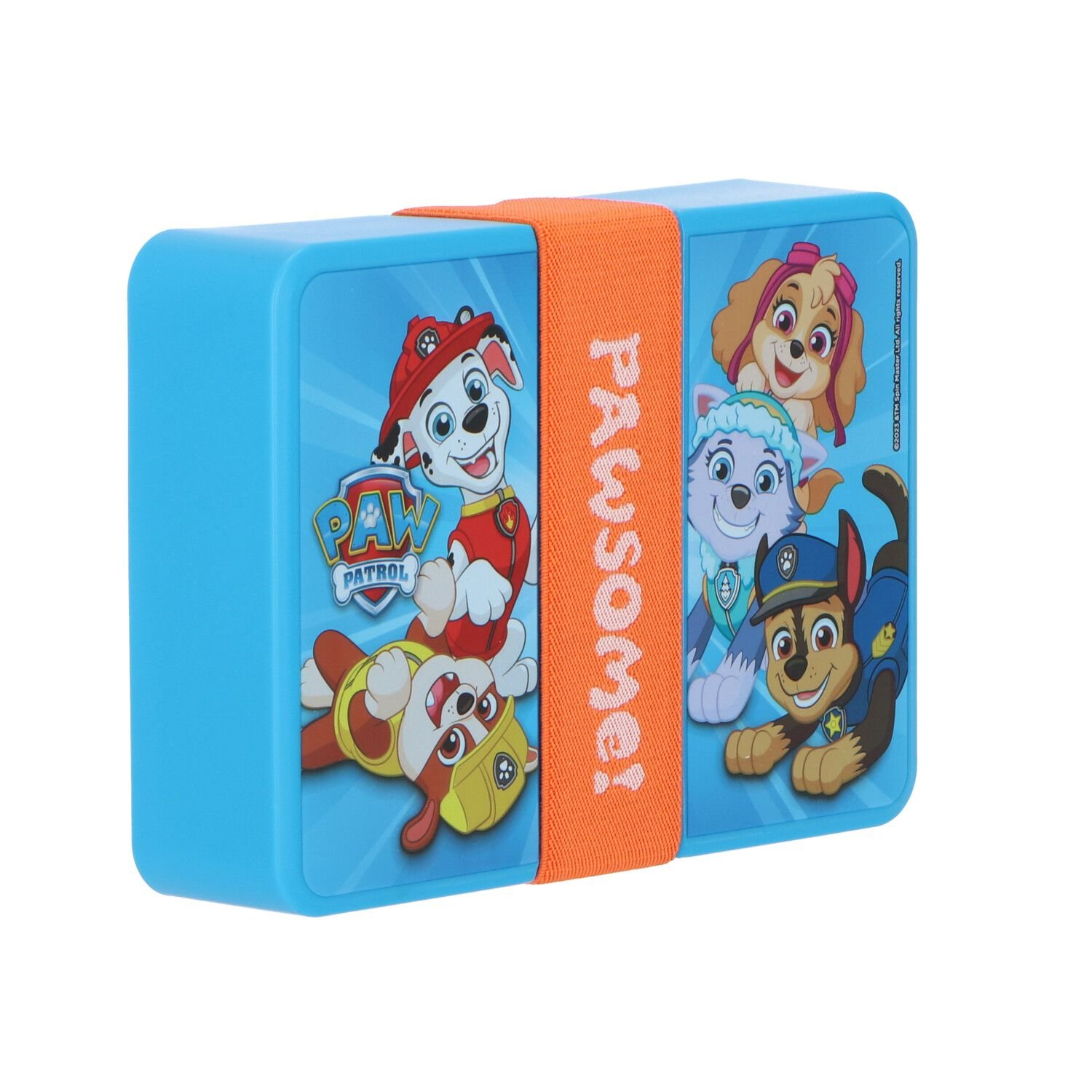 Blauwe Paw Patrol lunchbox met personages en oranje band.
