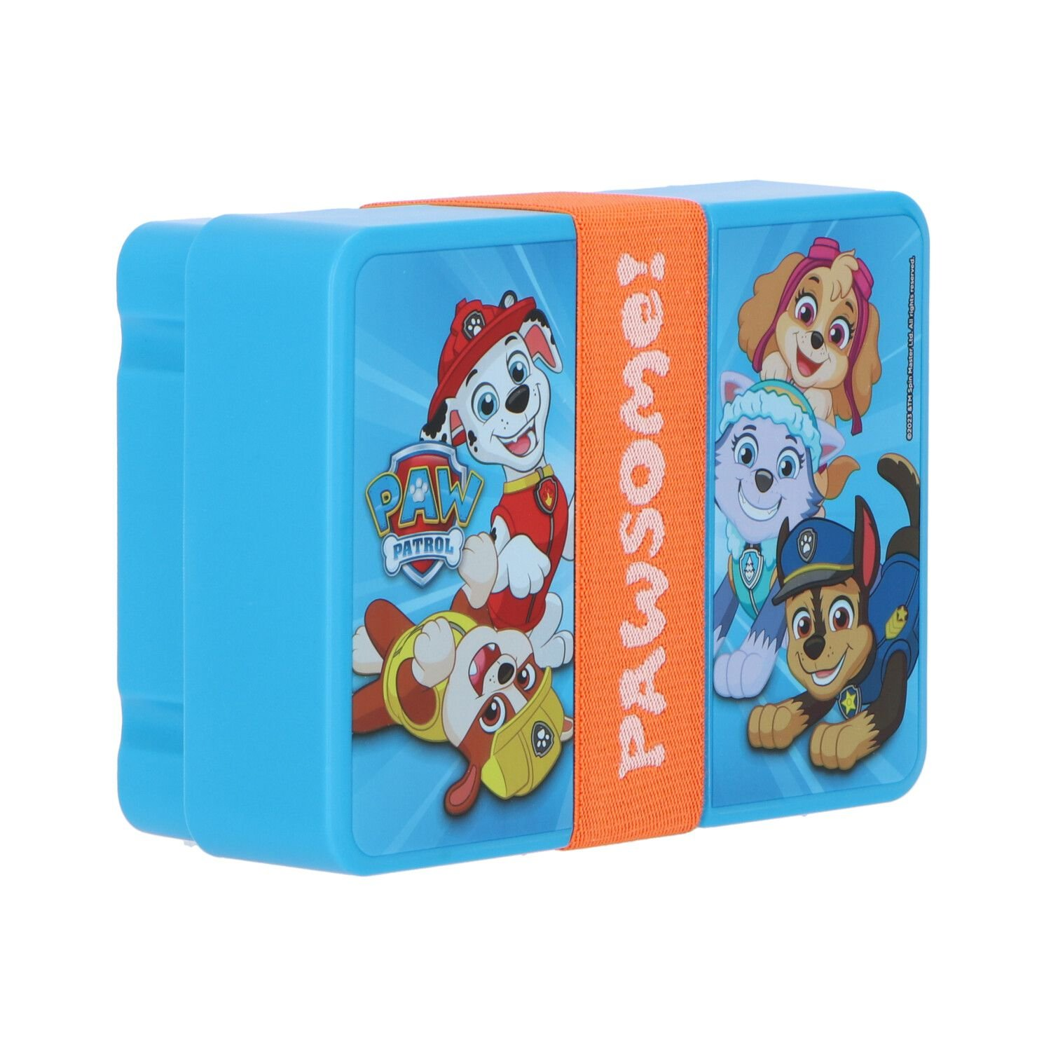 Blauwe broodtrommel met Paw Patrol-personages en een oranje band. De tekst "PAWSOME!" staat op de band.