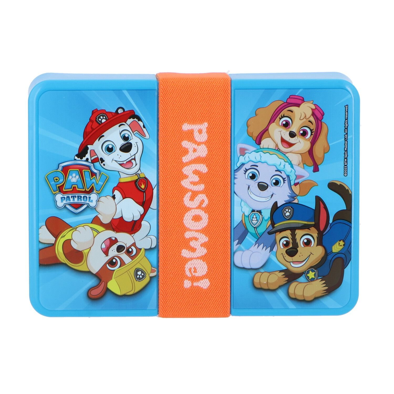 Paw Patrol lunchbox met karakters erop. Een oranje band eromheen met tekst.