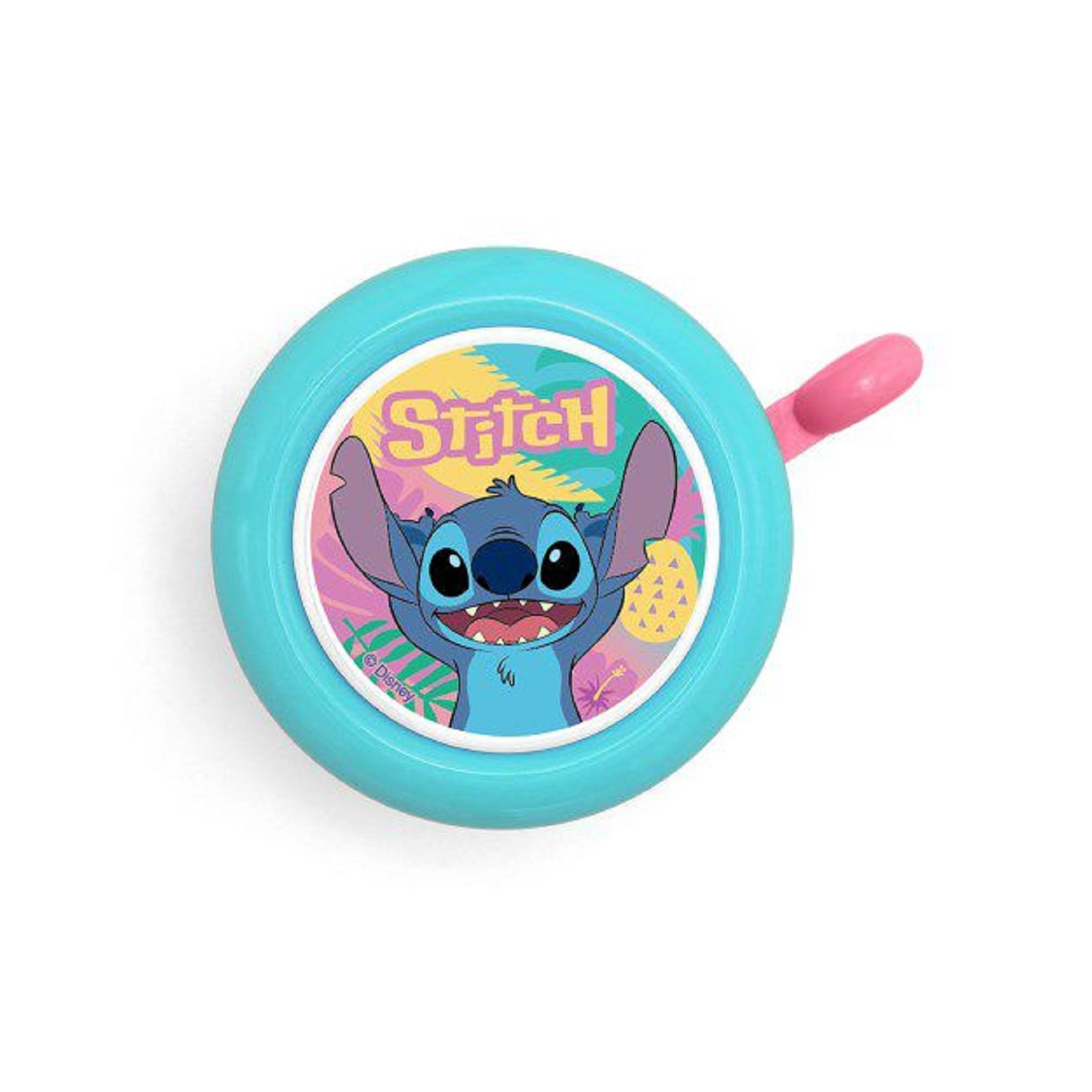 Eine Fahrradklingel im Stitch-Design mit blauem Ring und rosa Griff und Stitch in der Mitte.