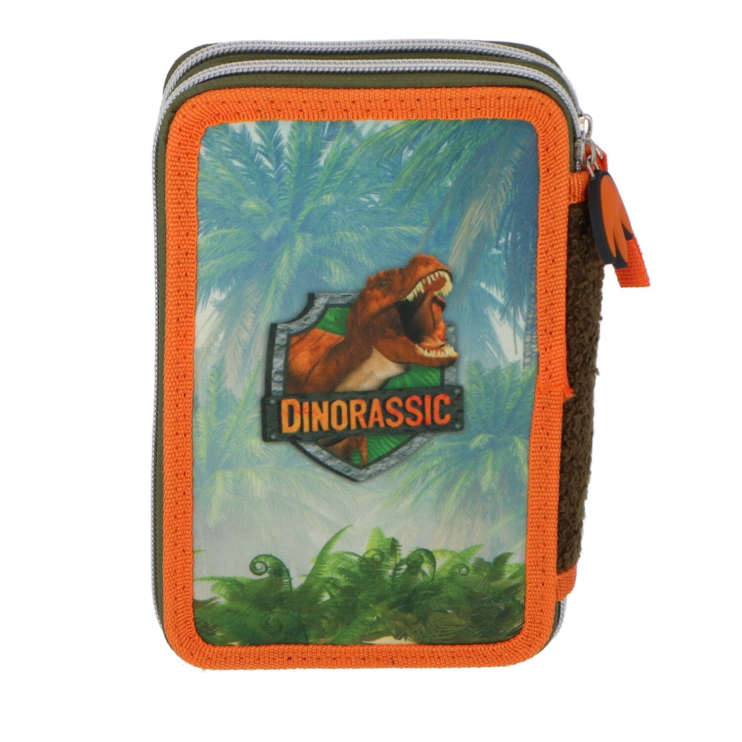Dinosaurier-Federmäppchen mit Dinosaurier-Grafik und grünem Dschungel-Hintergrund.