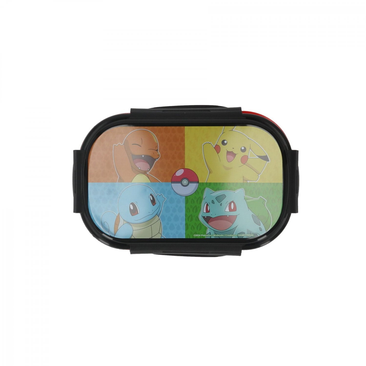 Pokémon-Lunchbox mit Bildern von Charmander, Pikachu, Schiggy und Bisasam.