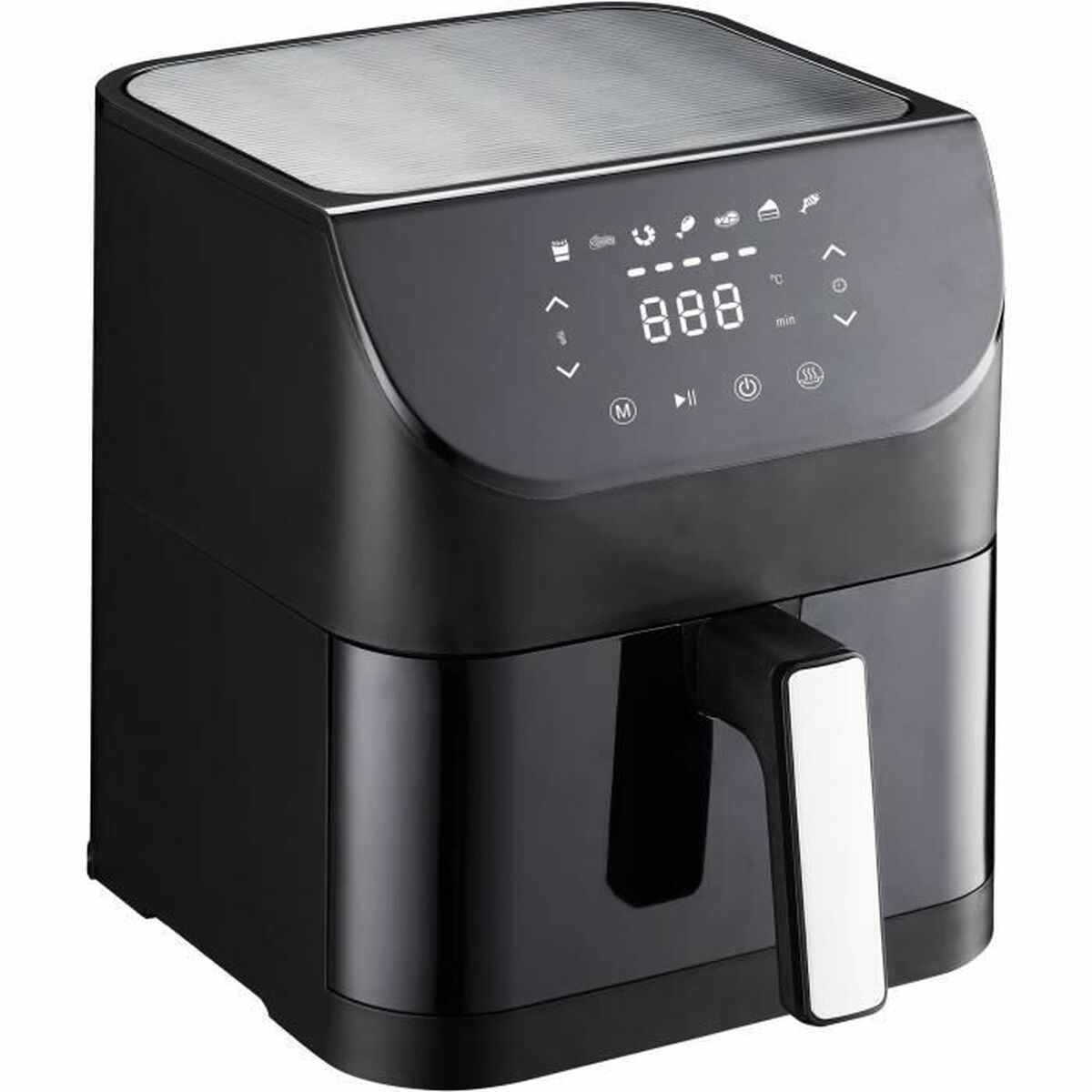 Eine schwarze Heißluftfritteuse mit digitaler Anzeige und Griff. Der Hintergrund ist weiß.