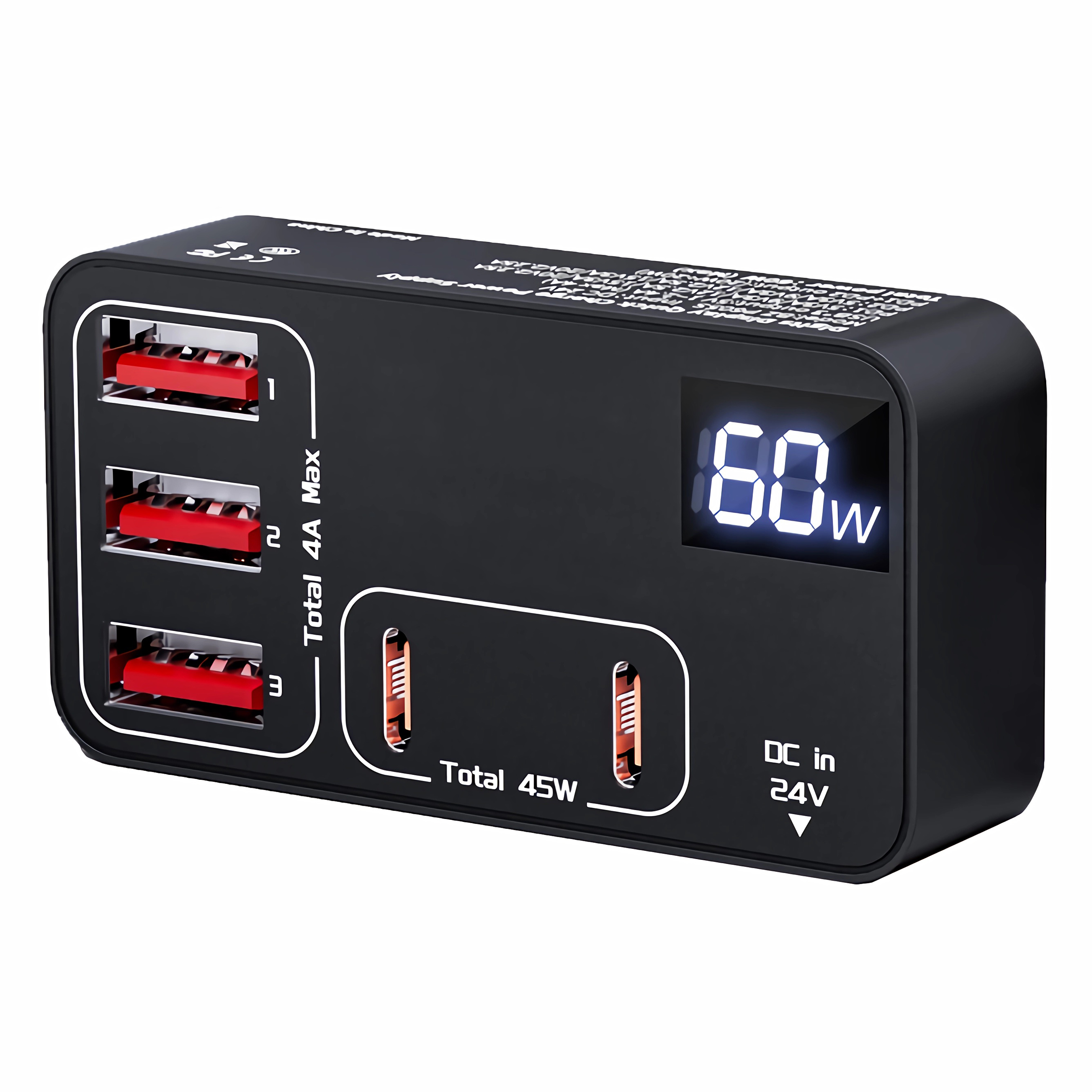 Eine schwarze USB-Ladestation mit mehreren Anschlüssen und 60W Anzeige.