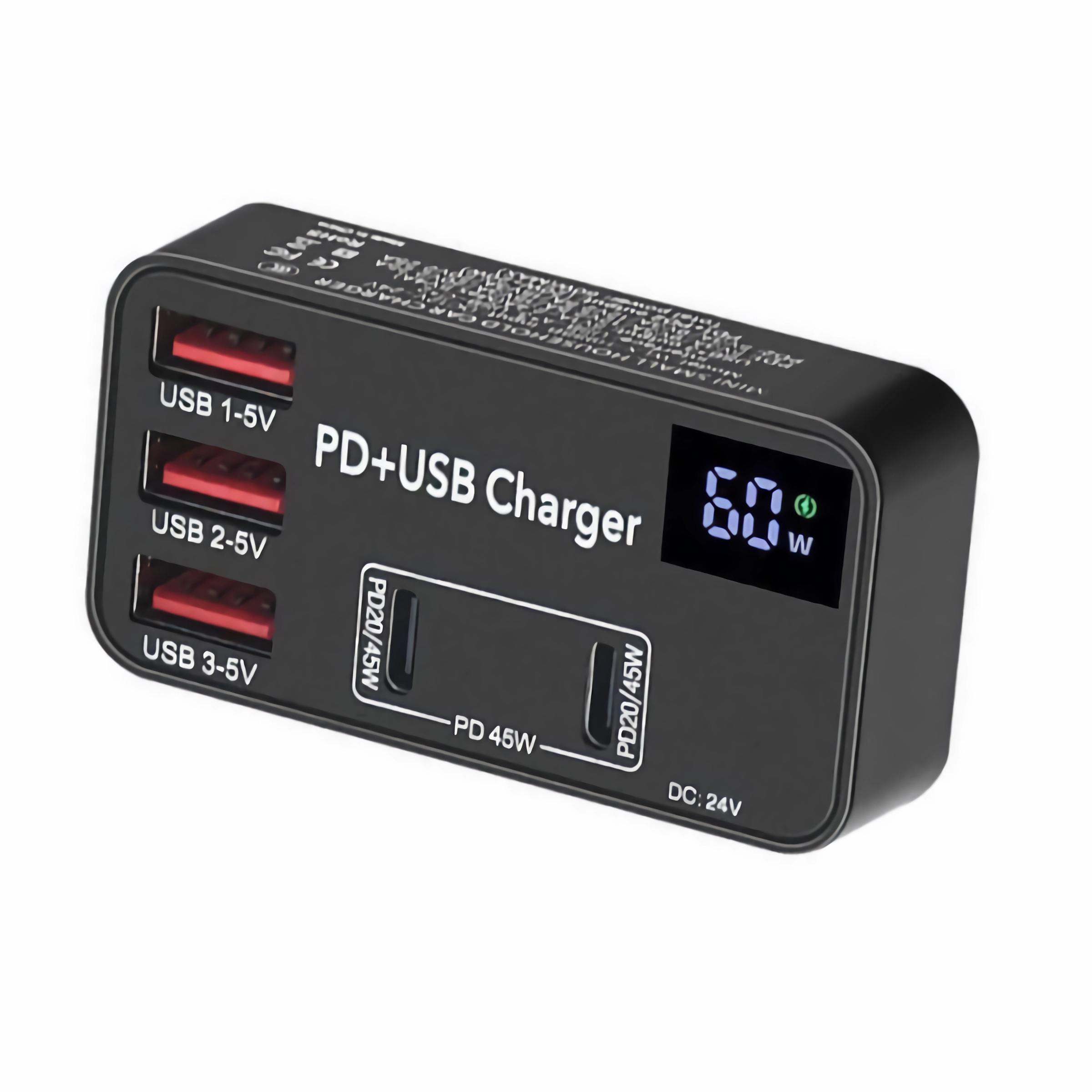 Schwarzes PD+USB-Ladegerät mit USB-Anschlüssen und digitaler Wattanzeige.