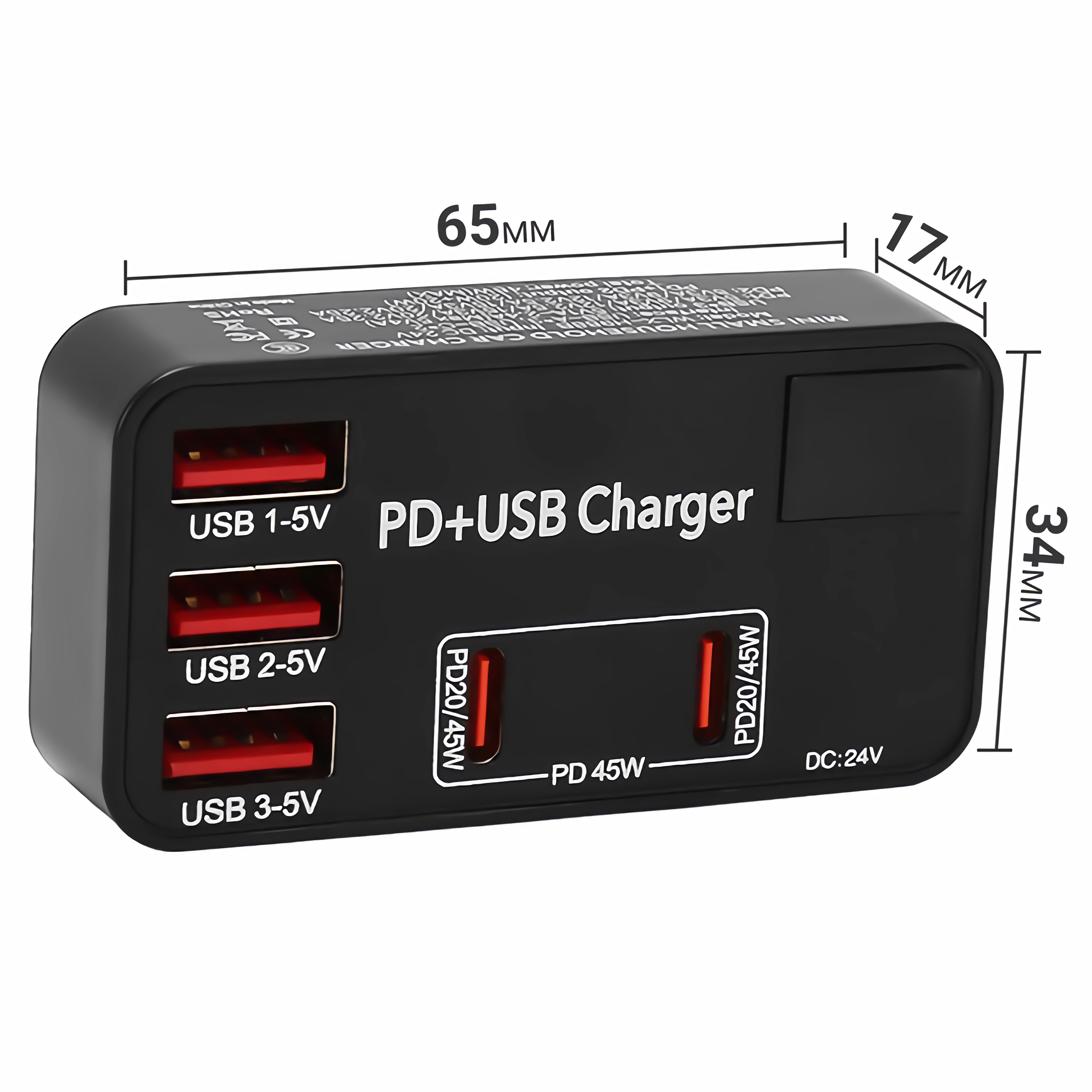 Schwarzes PD+USB-Ladegerät mit mehreren USB-Anschlüssen und Leistungsangaben.
