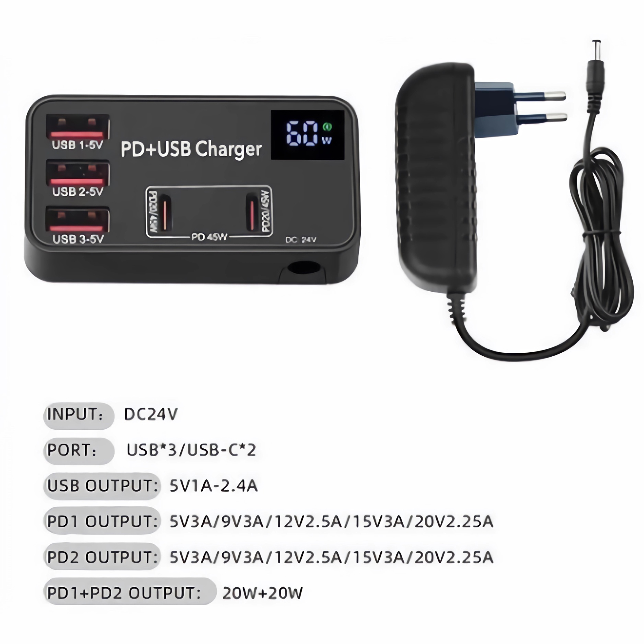 Schwarzes PD+USB-Ladegerät mit Anschlüssen und Spezifikationen.