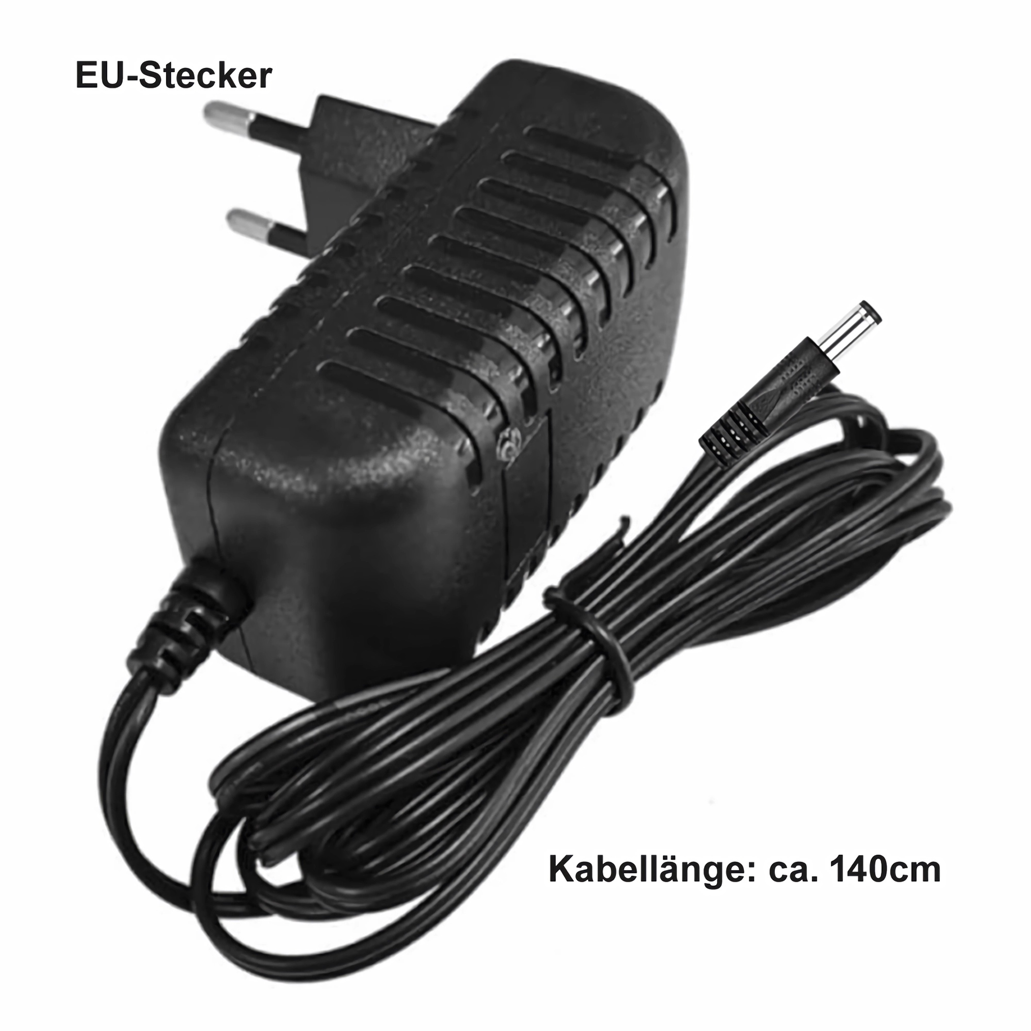 Schwarzes Netzteil mit EU-Stecker und Kabel. Text: 'Kabellänge: ca. 140cm'.