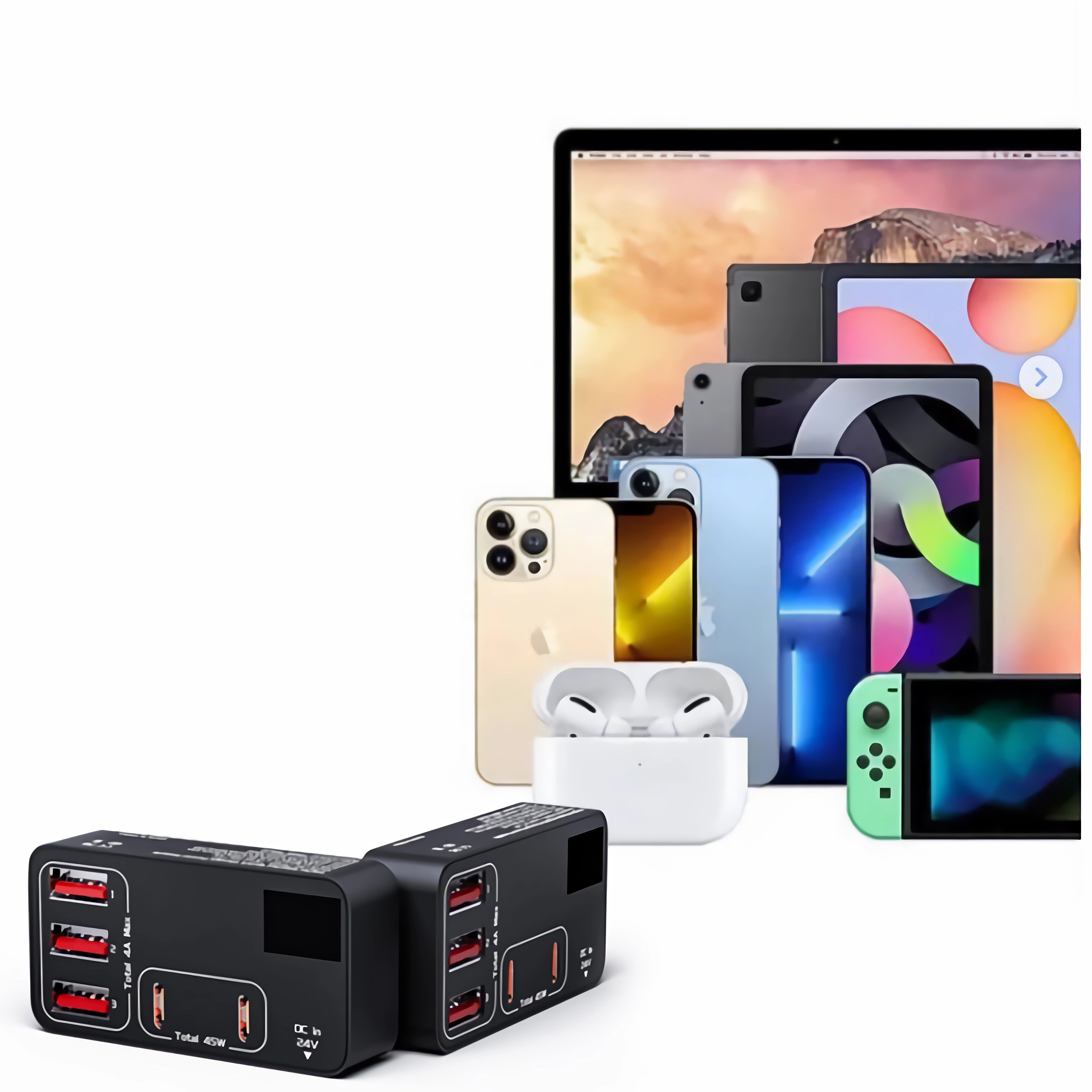 Verschiedene Geräte und ein schwarzes Netzteil: Telefone, Tablets und eine Konsole.