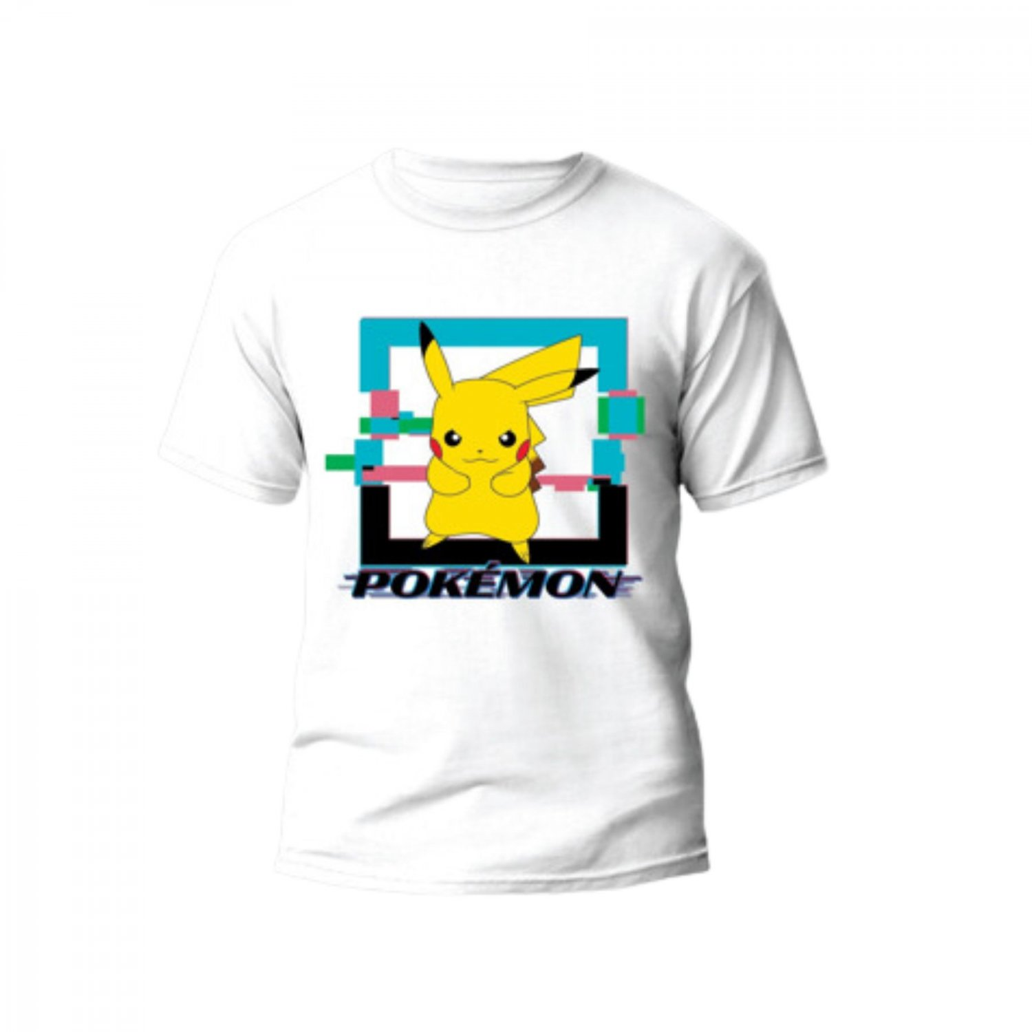 Wit T-shirt met Pikachu. Pikachu staat in een vierkant met het woord POKEMON eronder.