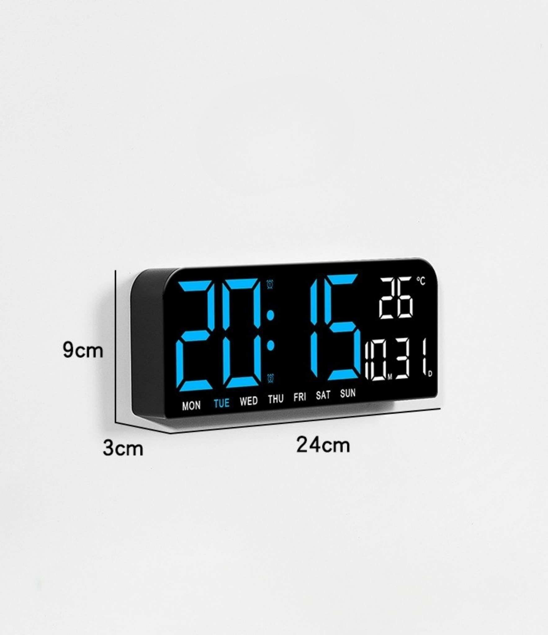 Eine schwarze Digitaluhr, die die Zeit 20:15 und das Datum 10.31 anzeigt.