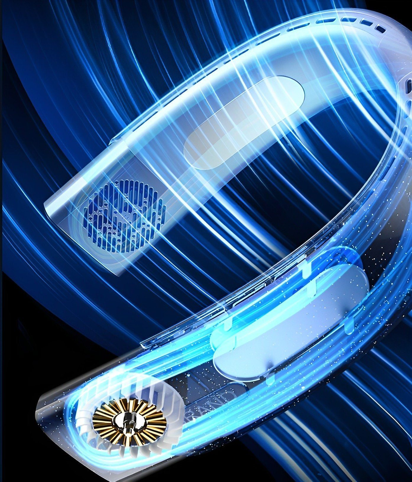Ein schwarzer und transluzenter tragbarer Nackenventilator mit blauen Lichteffekten.