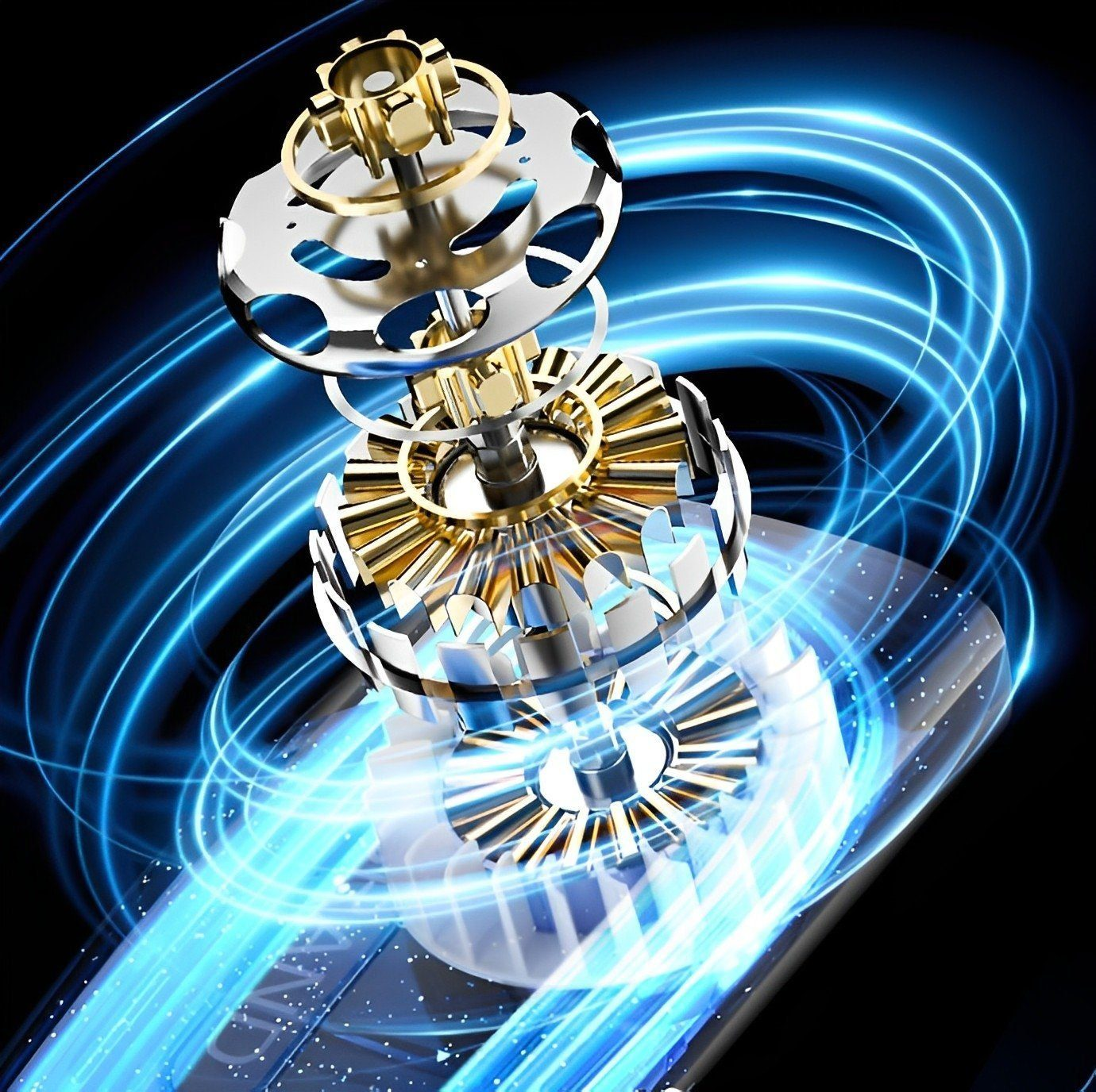Interner Mechanismus eines Geräts mit Blaulichteffekten. Schwarzer Hintergrund.
