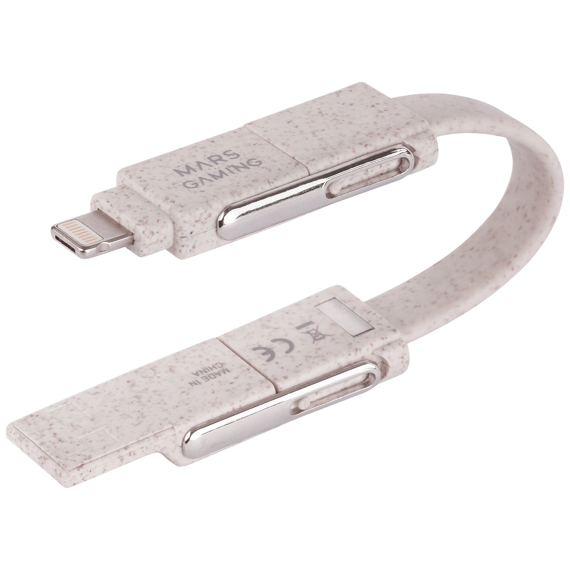 White and rose gold charging cable with a lightning connector and the text, Mars Gaming.