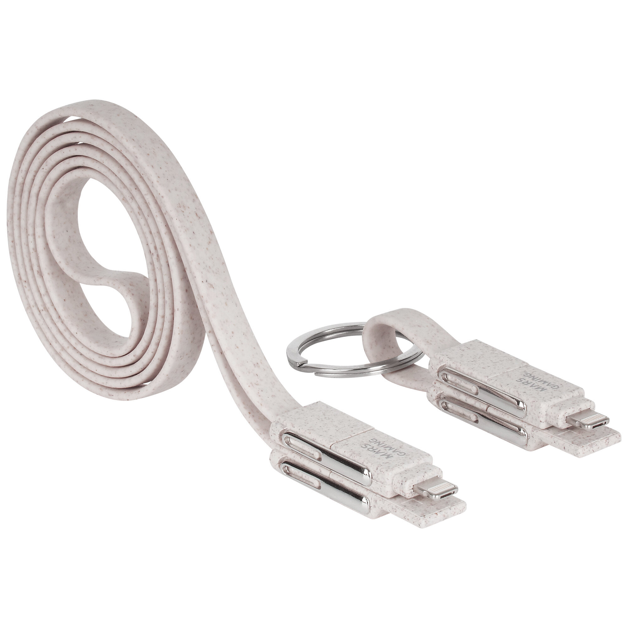 A beige charging cable. It has two ends, each with a USB-C connector. A keyring is included.