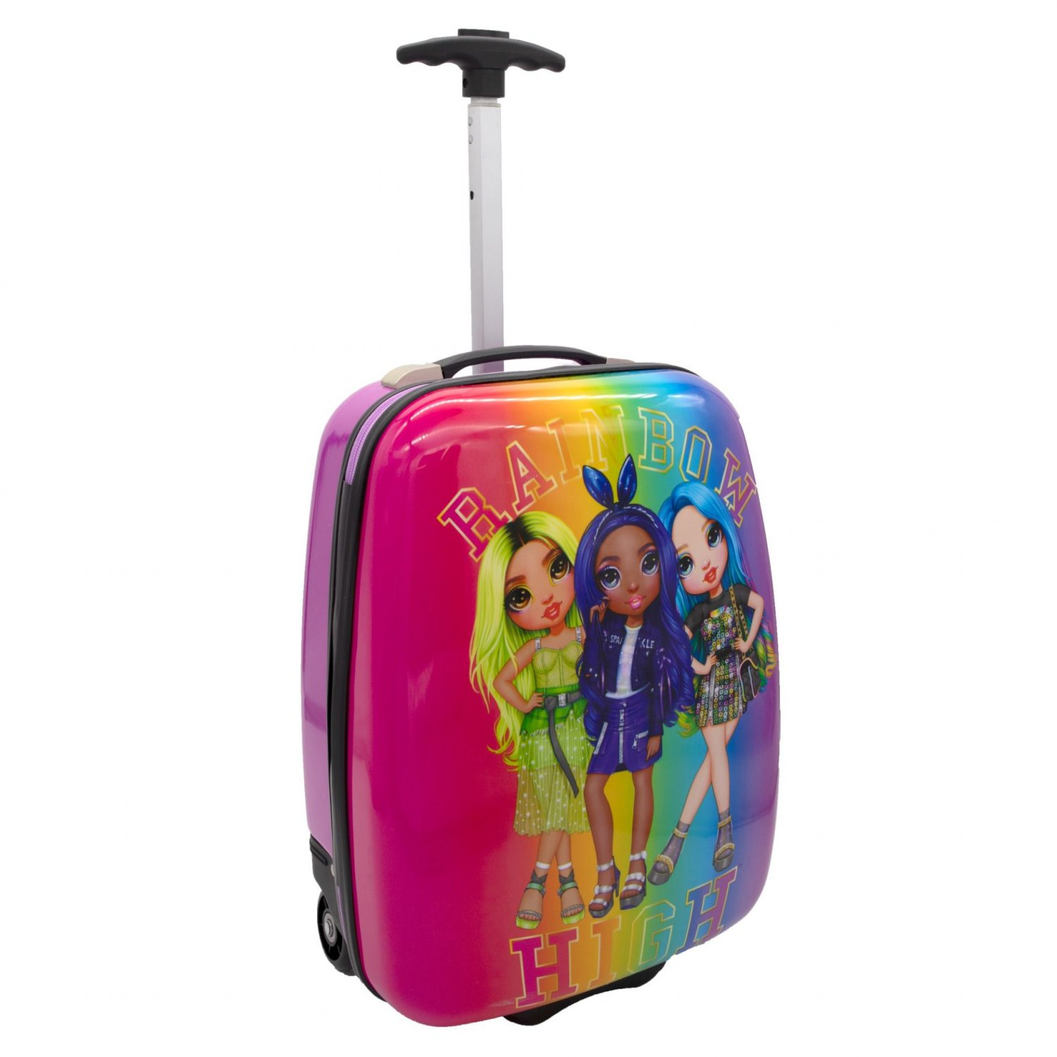 Ein bunter Rainbow High Koffer mit drei Puppen darauf, auf weißem Hintergrund.