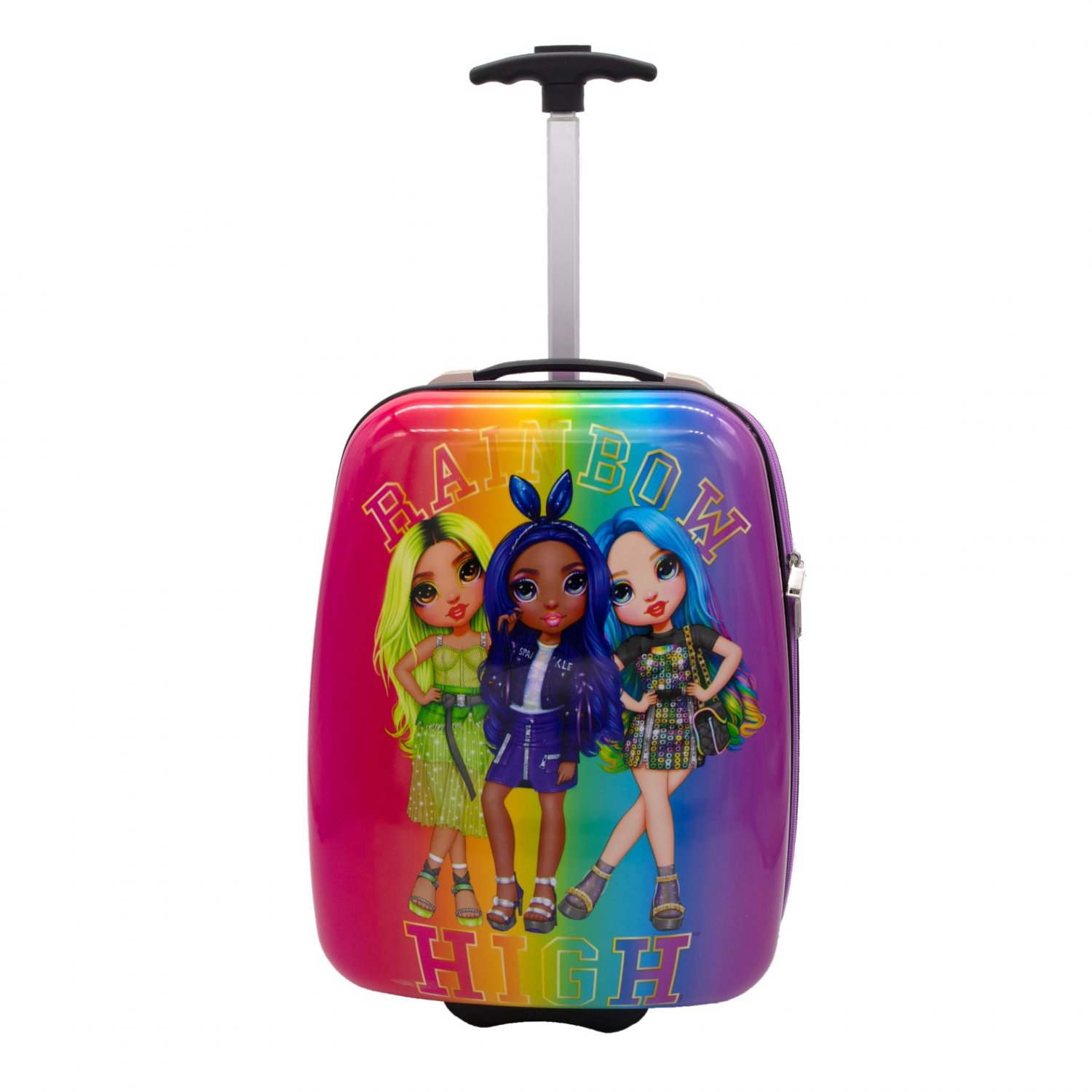 Rainbow High Koffer mit drei Cartoon-Mädchen auf weißem Hintergrund.