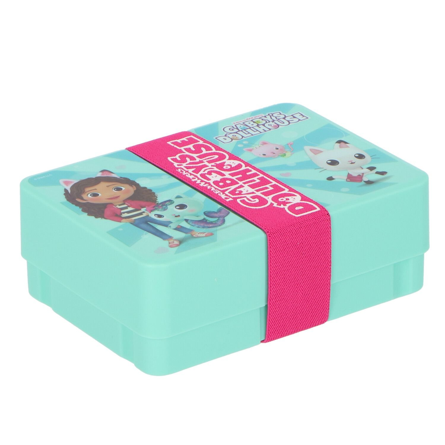 Blauwe broodtrommel met Gabby's Dollhouse-personages en roze band.