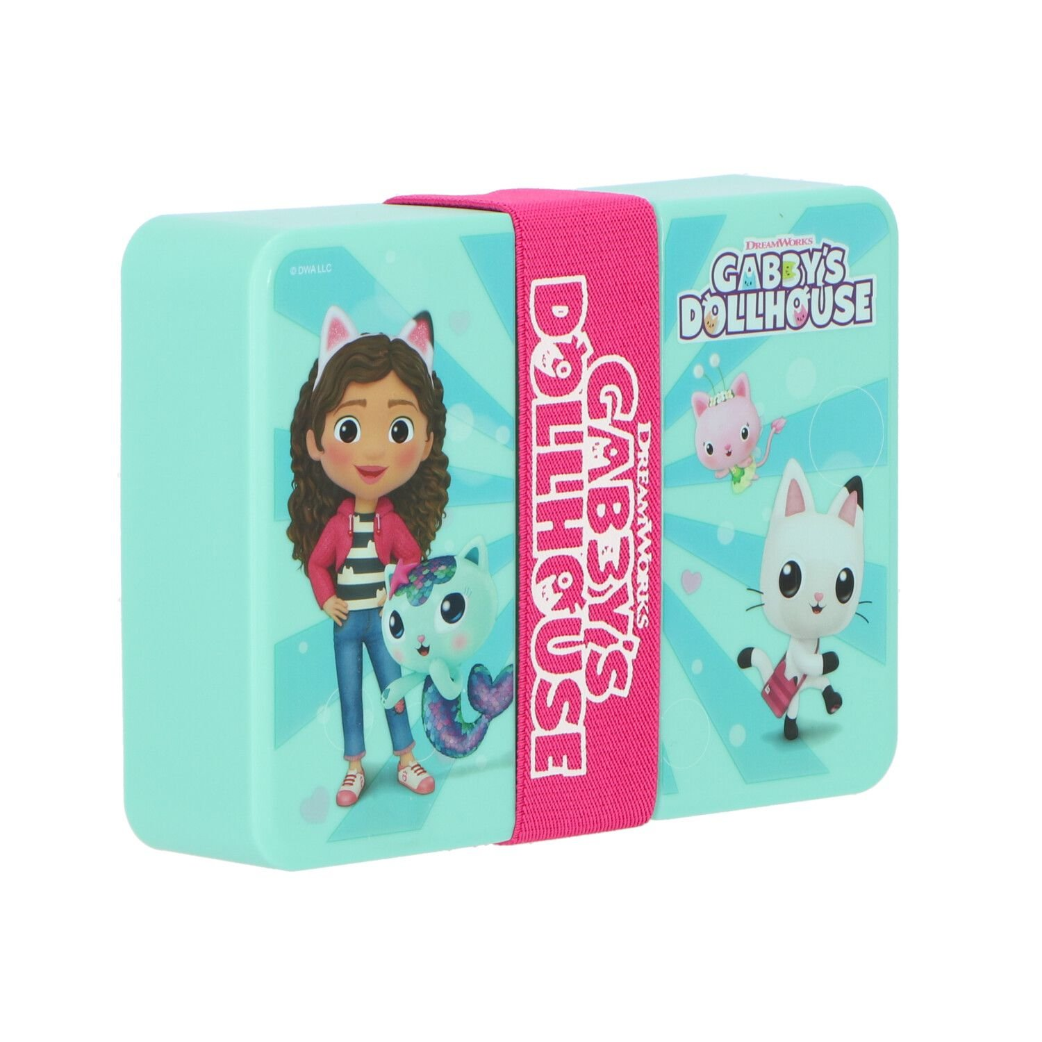 Gabby's Dollhouse lunchbox met personages en logo, roze band, op een witte achtergrond.