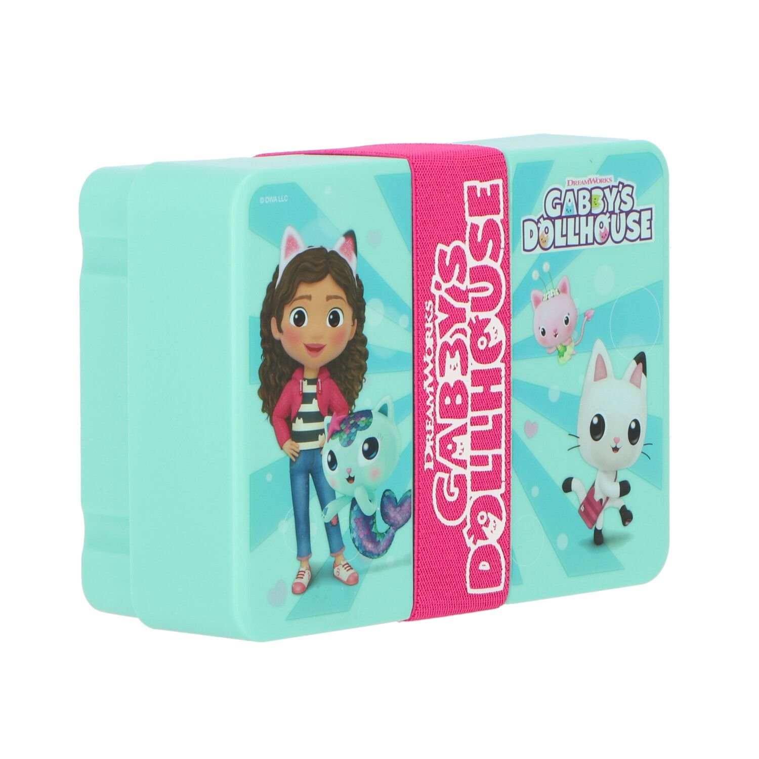 Lunchbox met Gabby's Dollhouse personages. Roze band, turquoise doos. Gabby, een zeemeermin en katten staan erop.