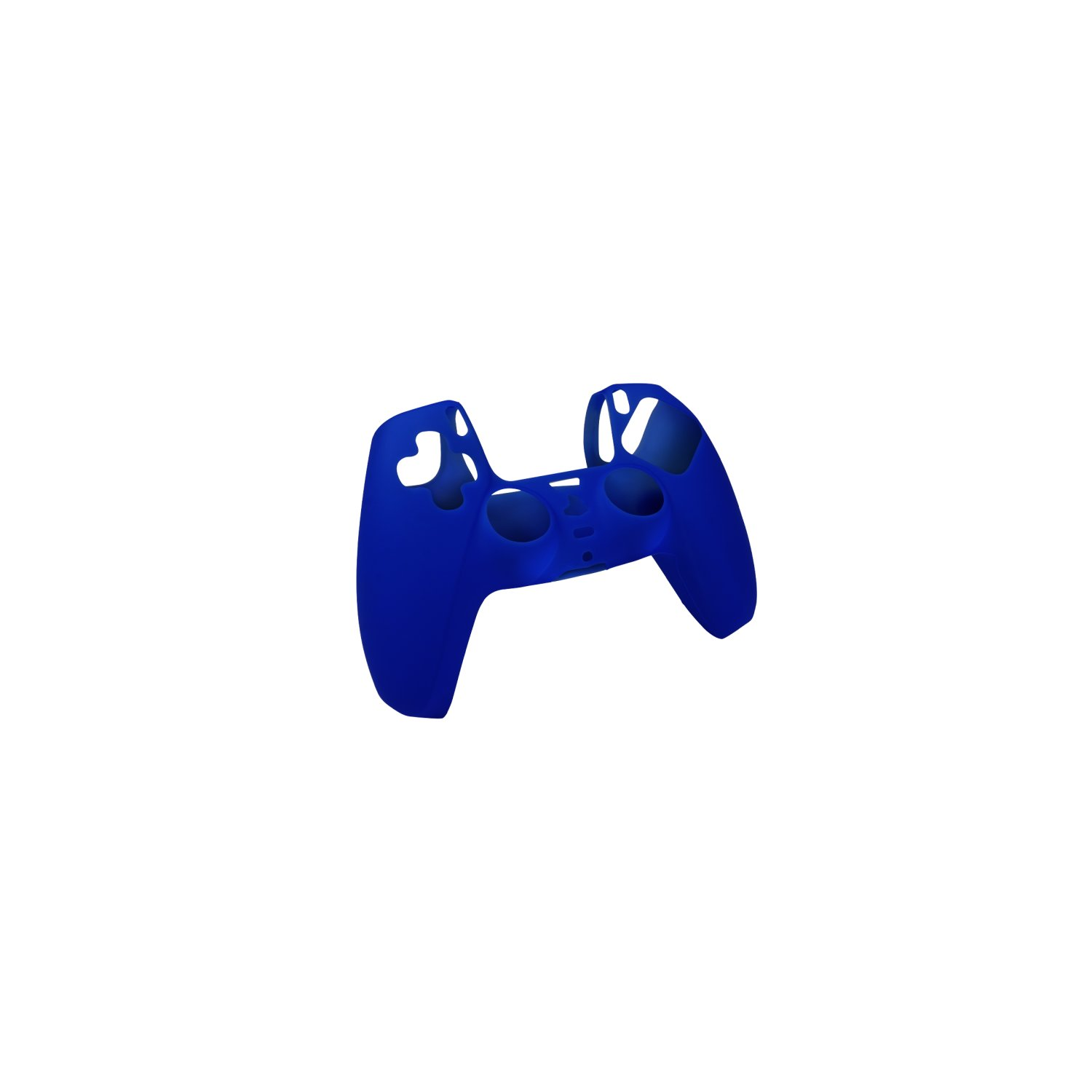 Ein blauer Playstation 5 Controller auf weißem Hintergrund. Der Controller liegt flach.