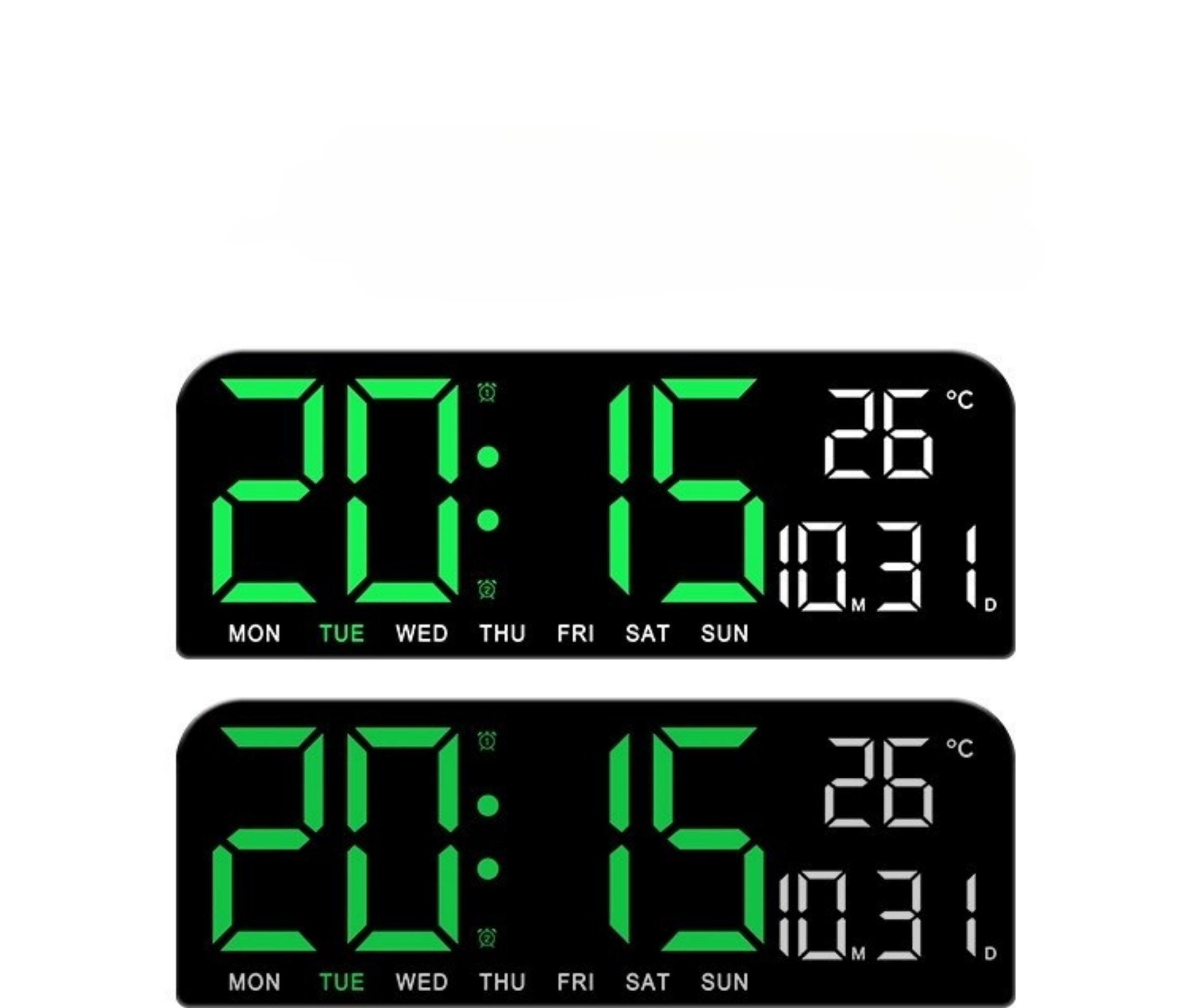 Digitaluhr zeigt 20:15 mit Datum und Temperatur. Zwei Uhren gestapelt, schwarzer Hintergrund, grüne Zahlen.