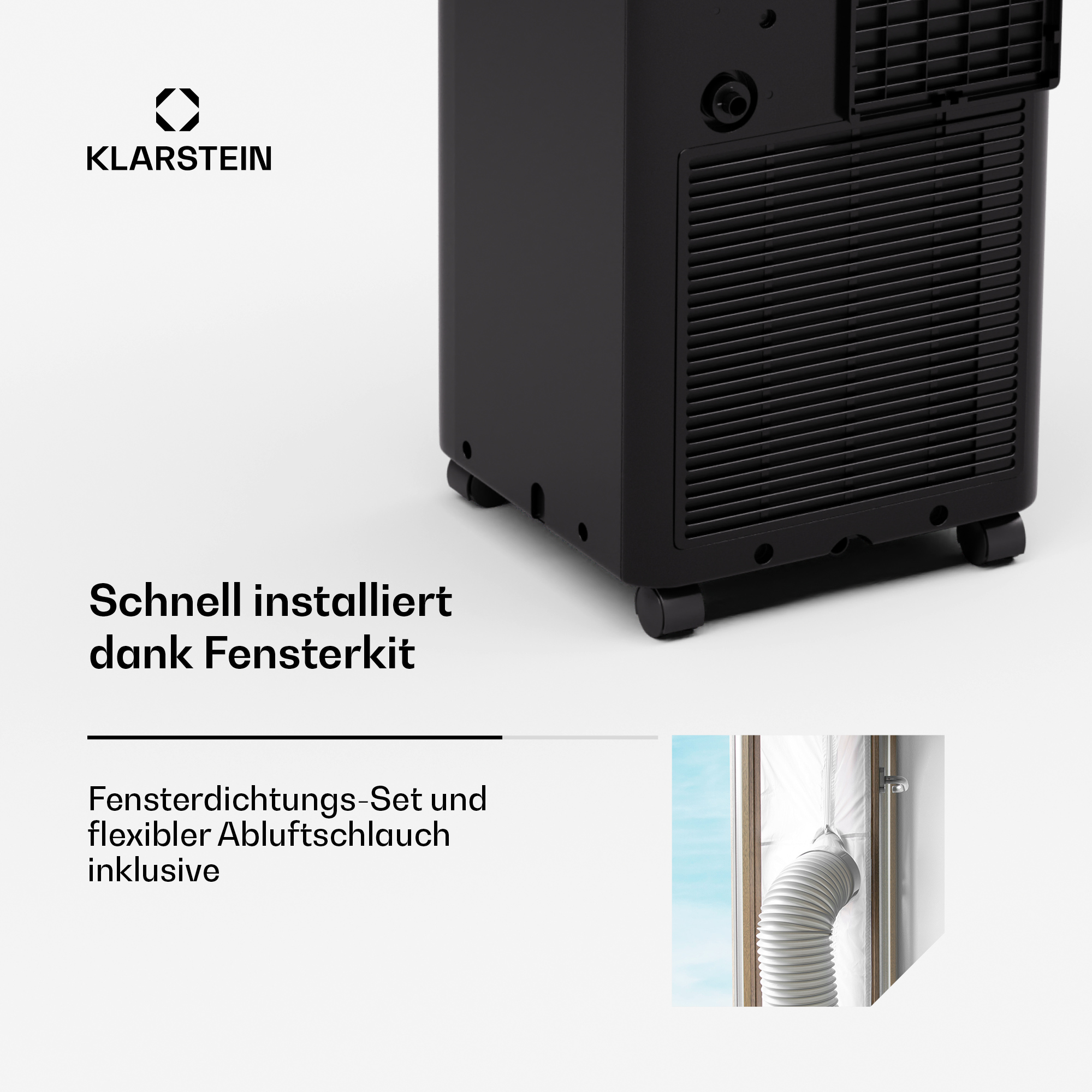 Condizionatore nero con testo e un kit finestra per l'installazione, su sfondo bianco.