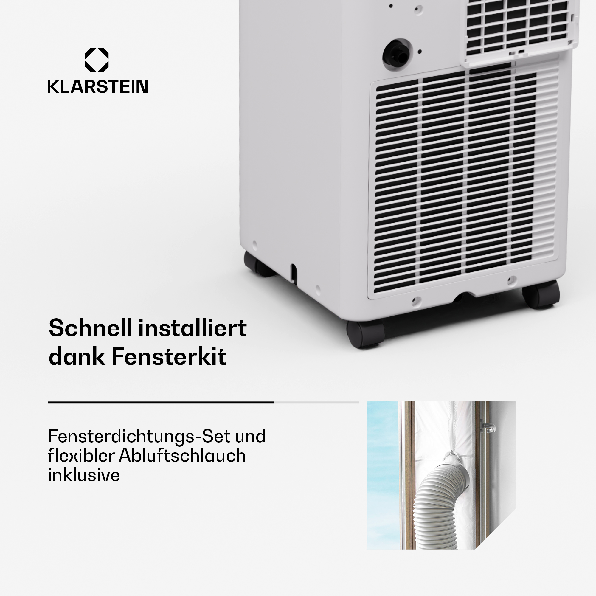 Condizionatore bianco con dettagli neri e kit finestra. Testo: 'Installazione rapida grazie al kit finestra.'