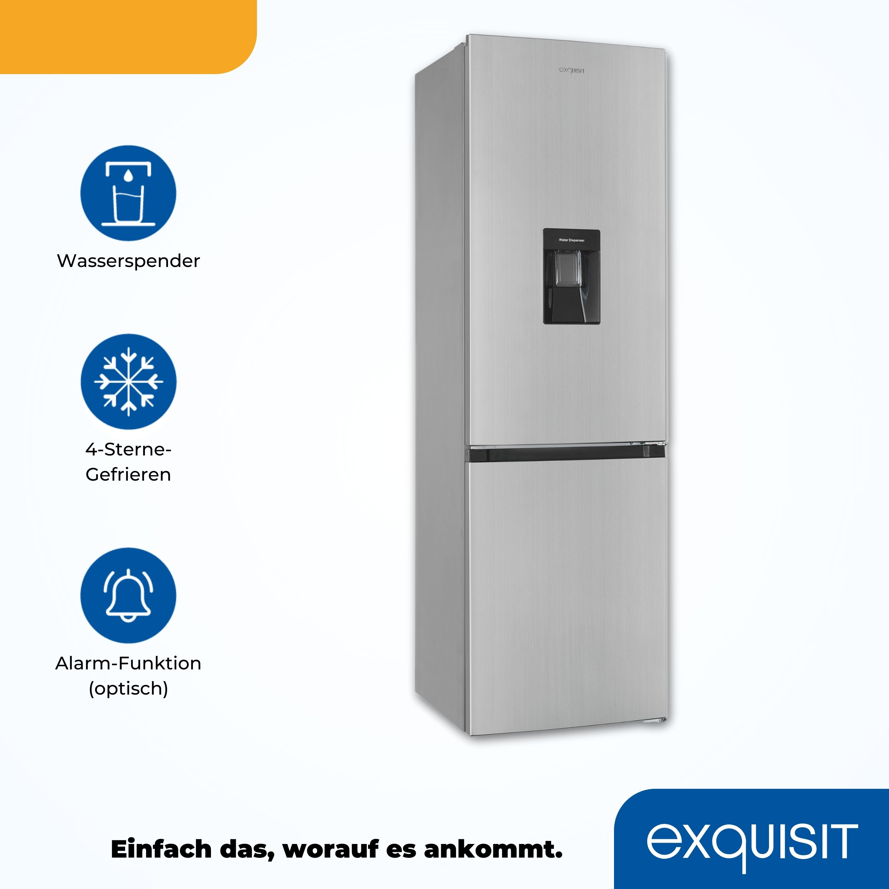 Un refrigerador plateado con dispensador de agua e iconos. La marca es 'exquisit'.