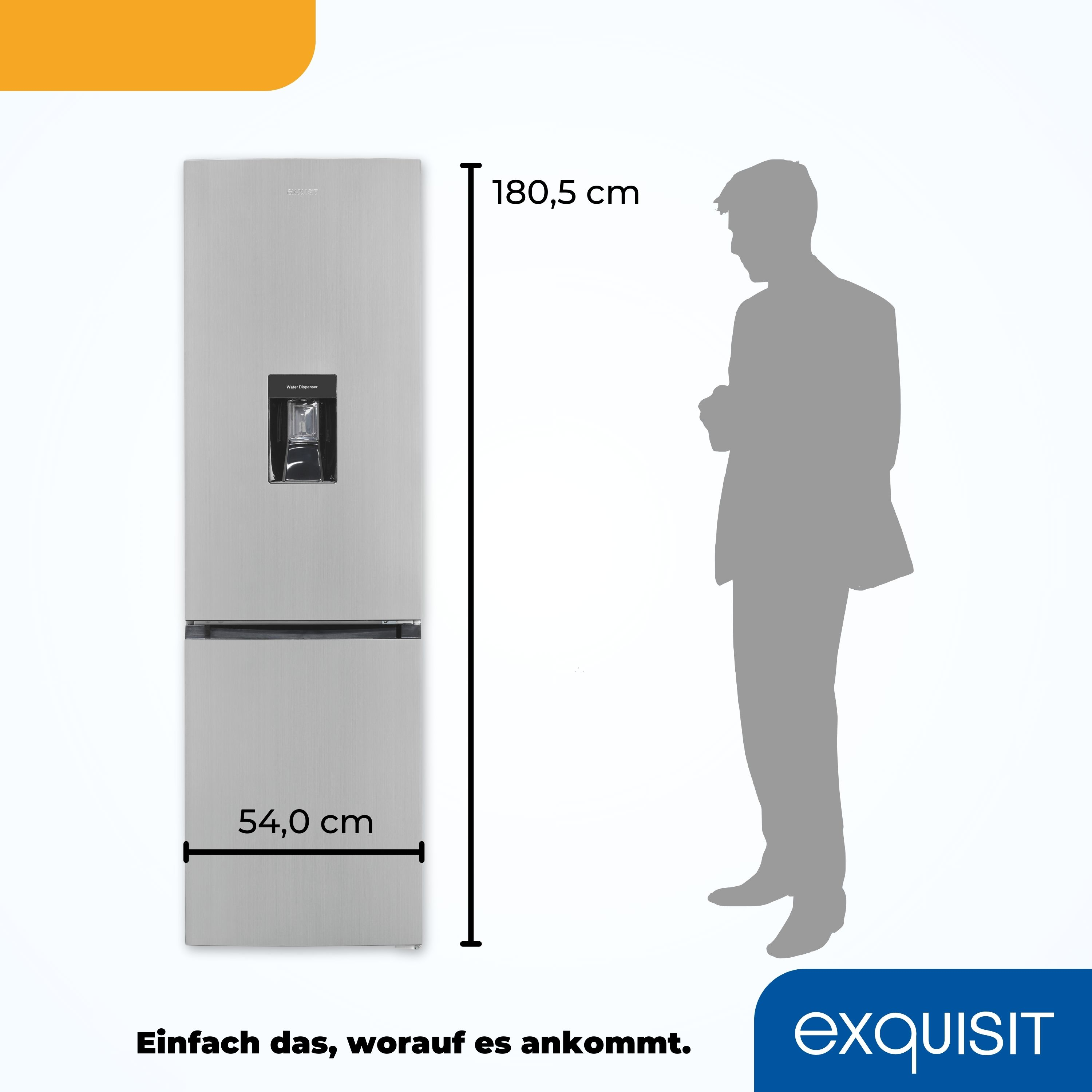 Un refrigerador plateado con dimensiones y una silueta de persona. El fondo es azul claro.