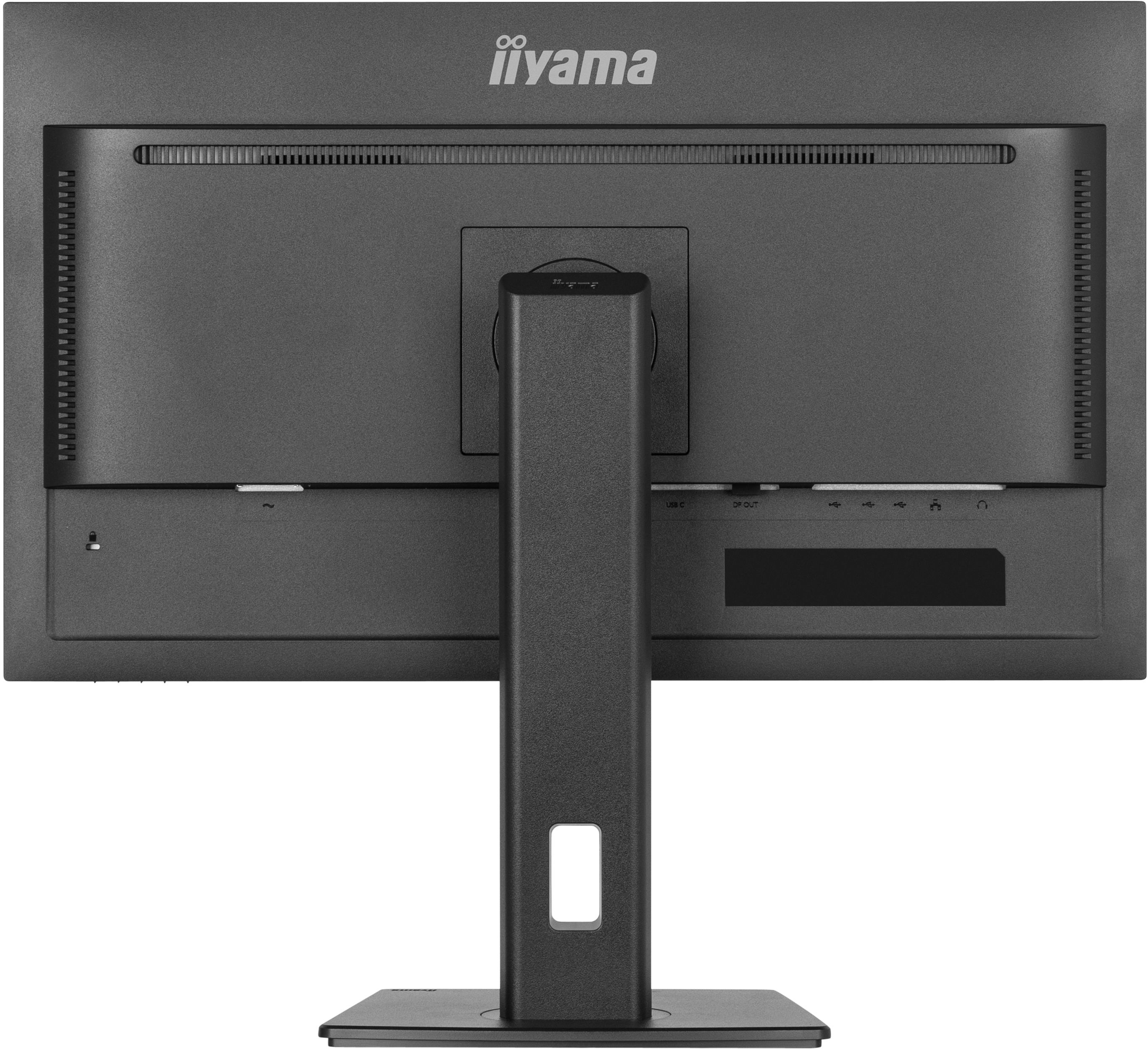 Arrière d'un moniteur d'ordinateur, gris, avec ports et support.