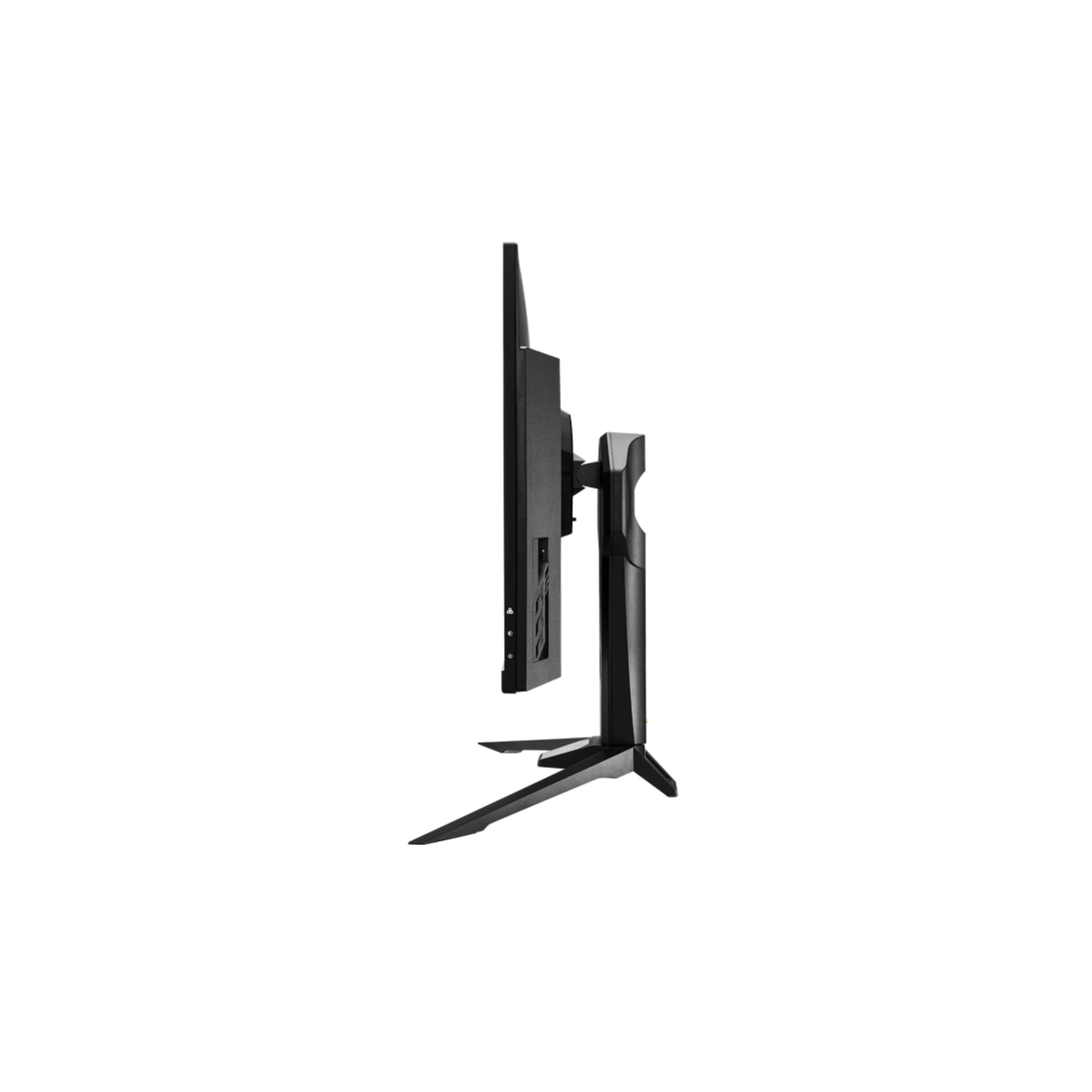 Ein schwarzer Computermonitor in Seitenansicht, er steht auf einem Ständer, isoliert auf Weiß.