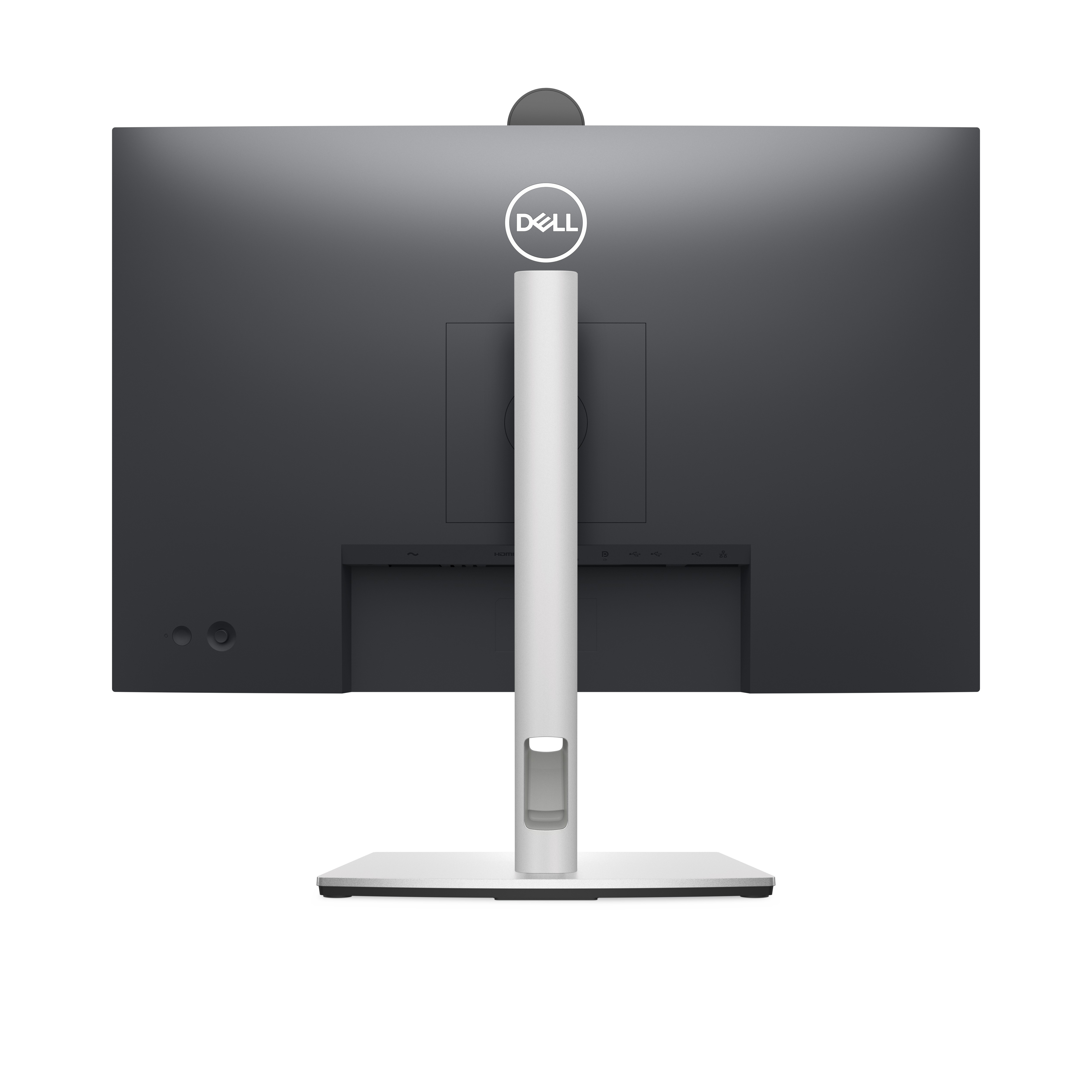 Die Rückseite eines Dell Monitors mit silbernem Ständer, Anschlüssen und dem Dell-Logo.