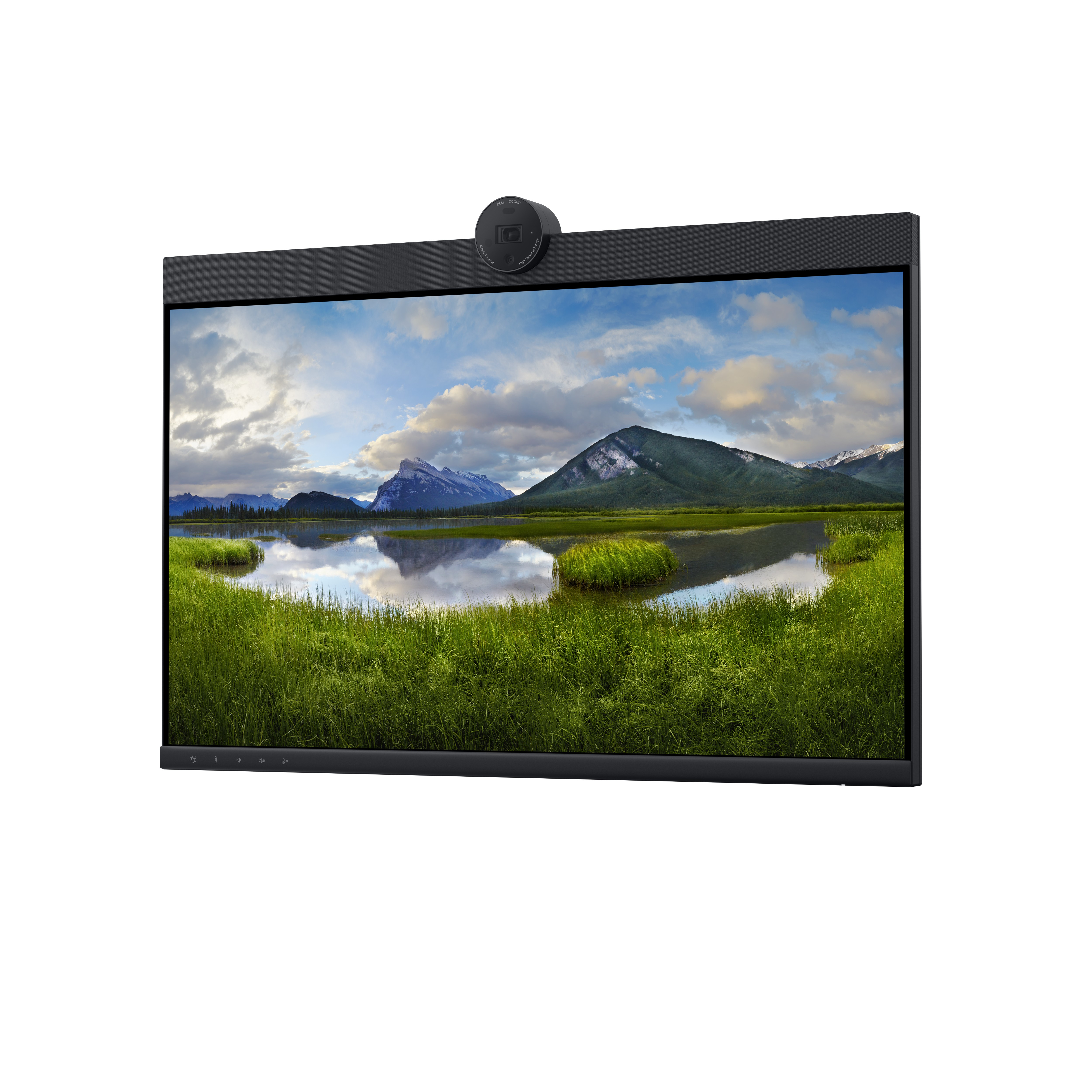 Ein schwarzer Computermonitor, der eine Landschaft mit einer Webcam oben anzeigt. Die Szene zeigt Wasser und Berge.