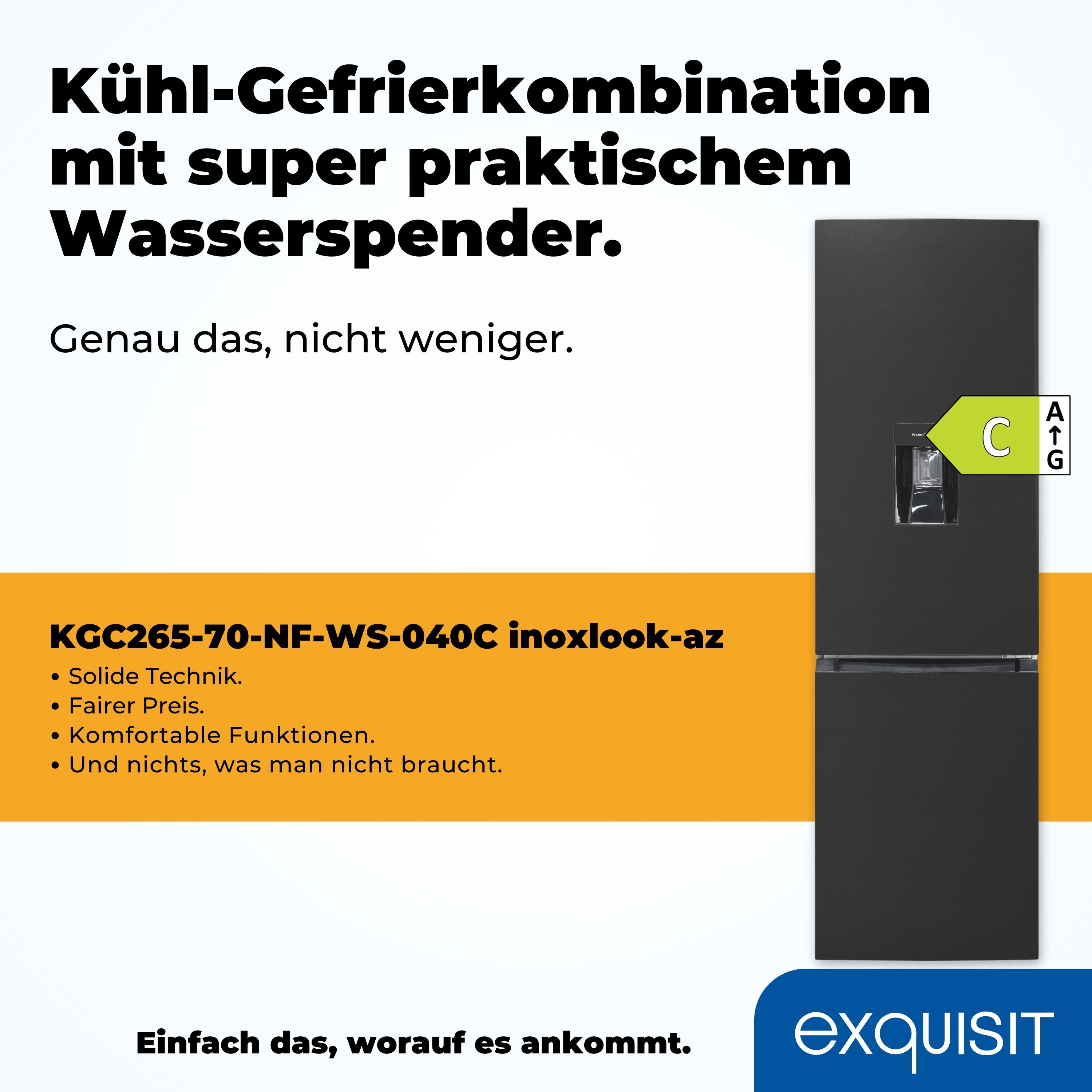 Schwarzer Kühlschrank mit Wasserspender. Text auf Deutsch. Weißer Hintergrund.