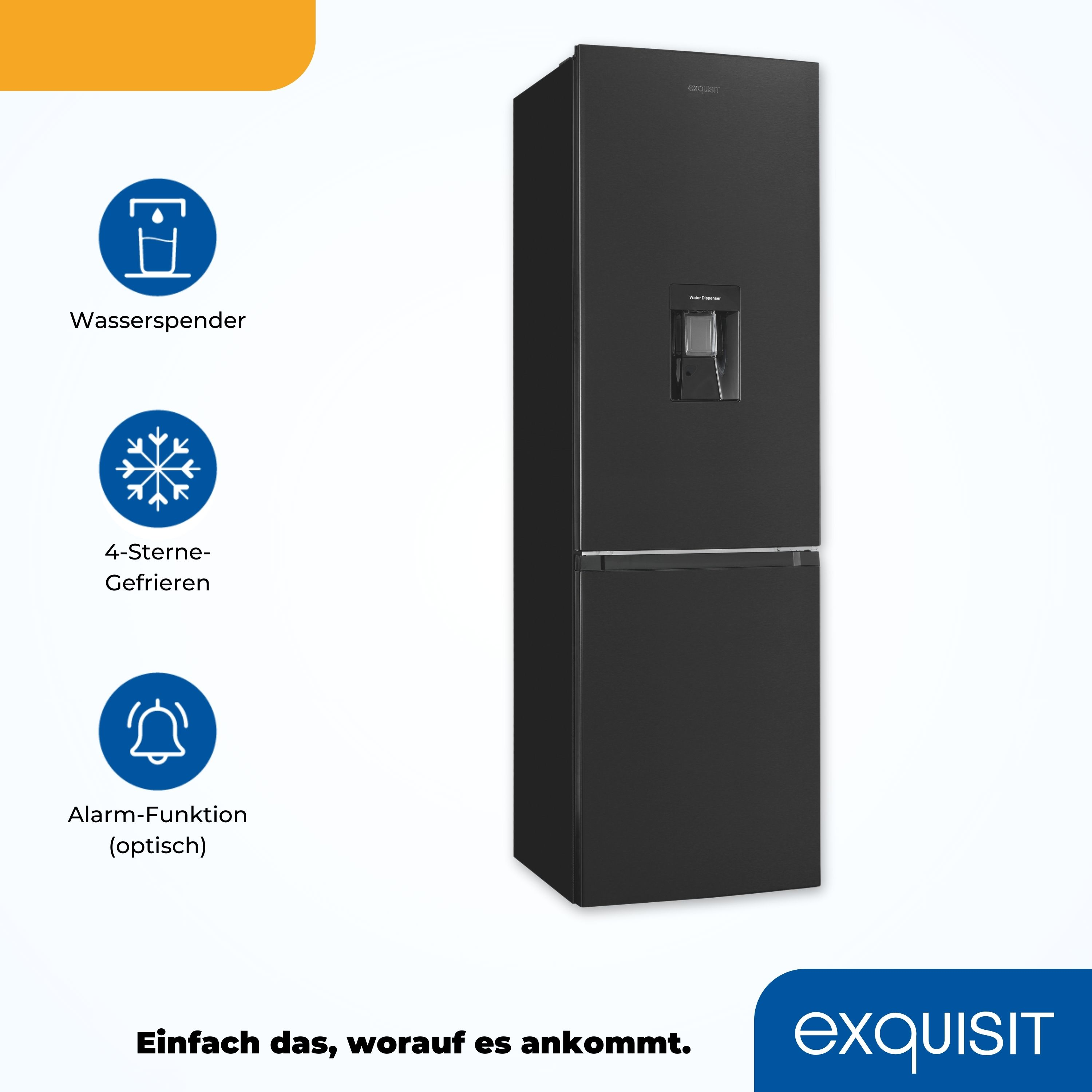 Schwarzer Kühlschrank mit Wasserspender und daneben Icons.