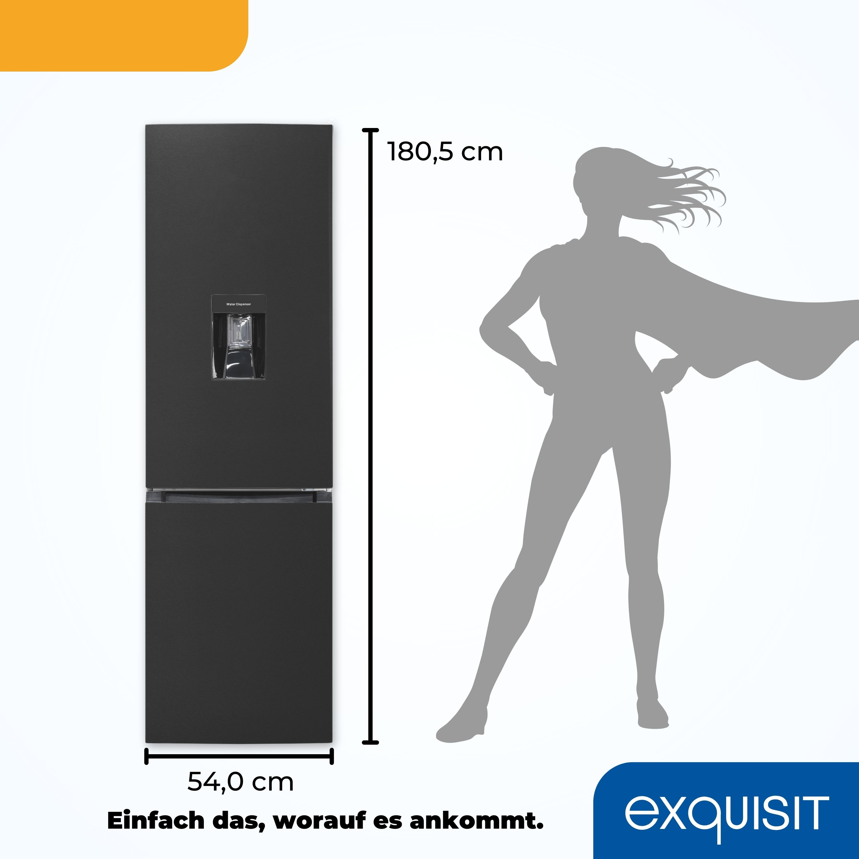 Schwarzer Kühlschrank mit Wasserspender. Daneben eine Silhouette eines Superhelden, die die Höhe zeigt.