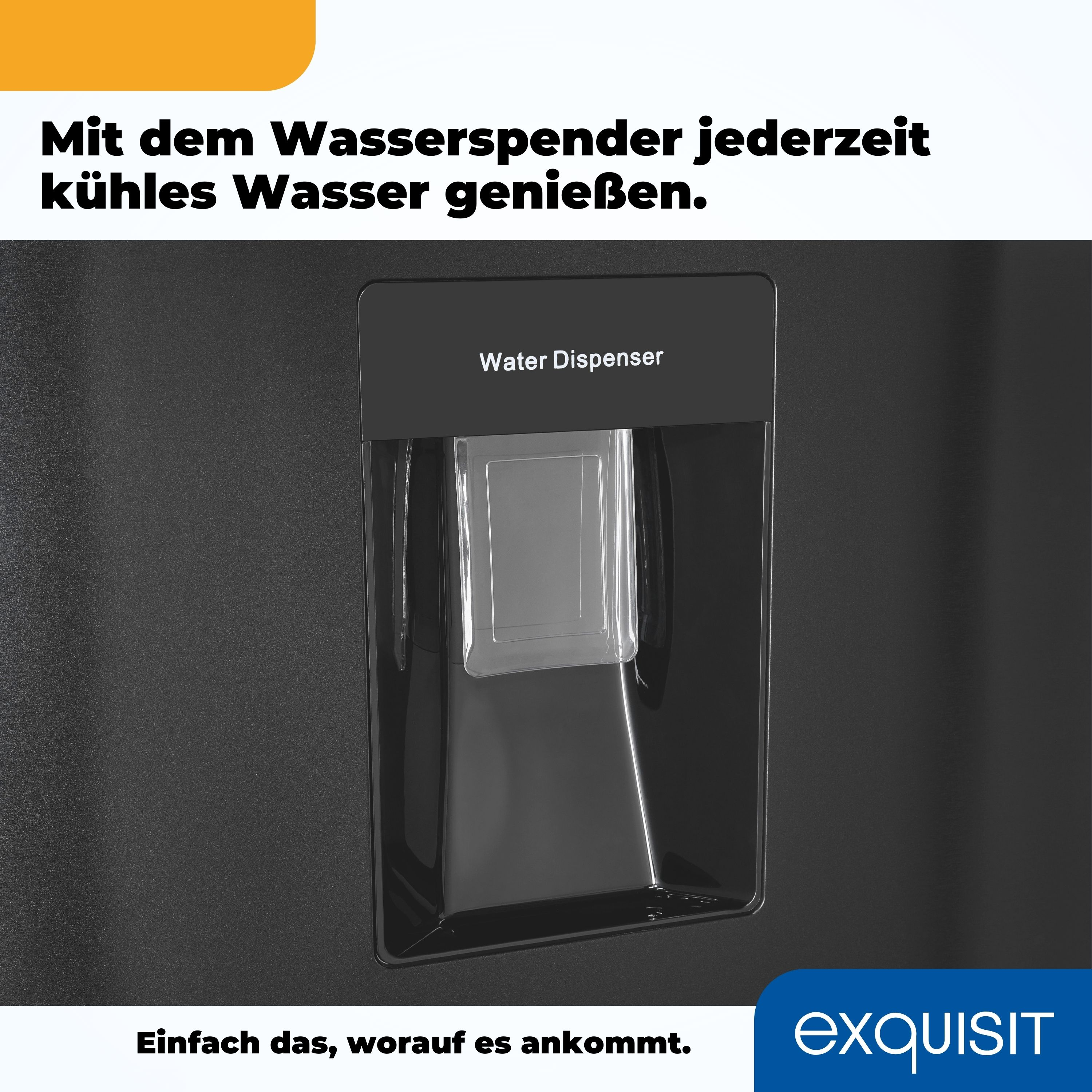 Schwarzer Kühlschrank mit Wasserspender und Text auf Deutsch.
