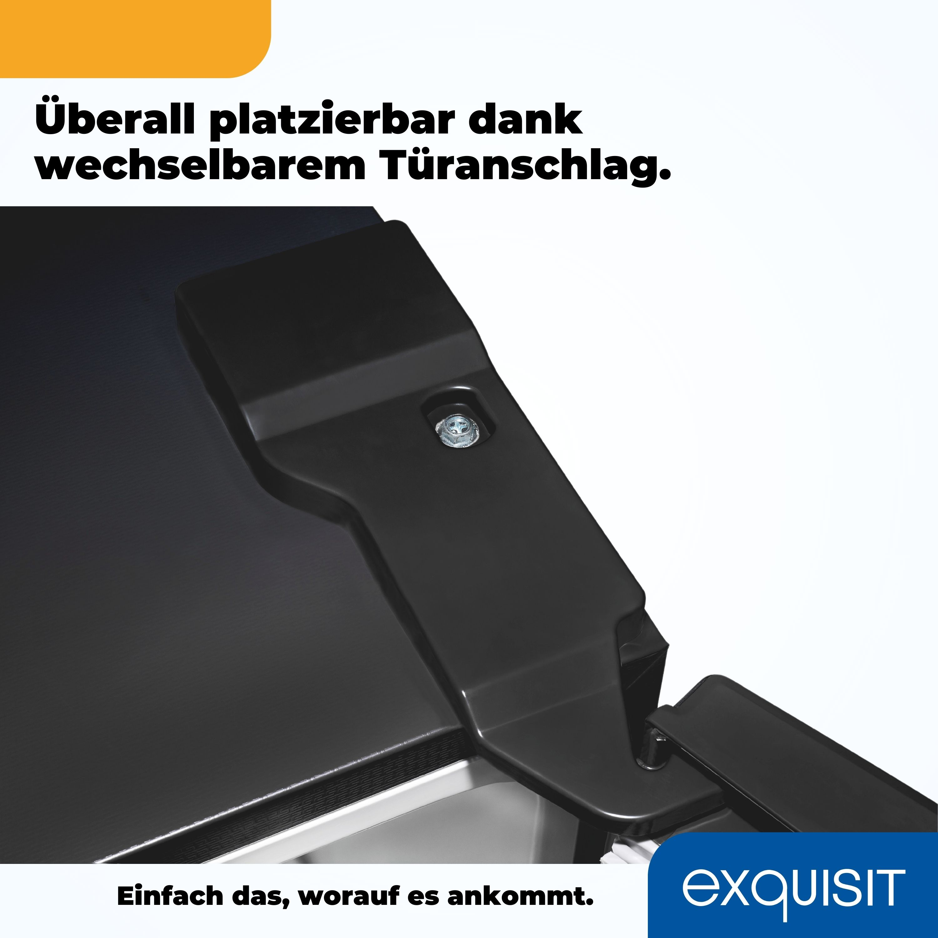 Schwarzes Kühlschranktürdetail. Schwarzer Rahmen, weißer Innenraum sichtbar. Text auf Deutsch.