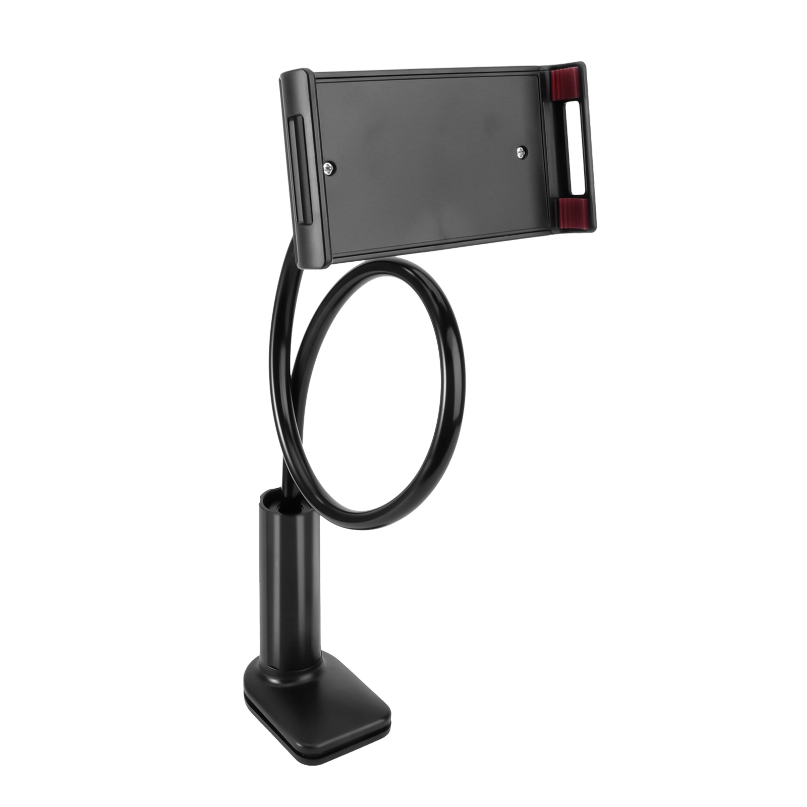 Un supporto per telefono nero e flessibile con una base nera e un supporto per telefono nero. Lo sfondo è bianco.