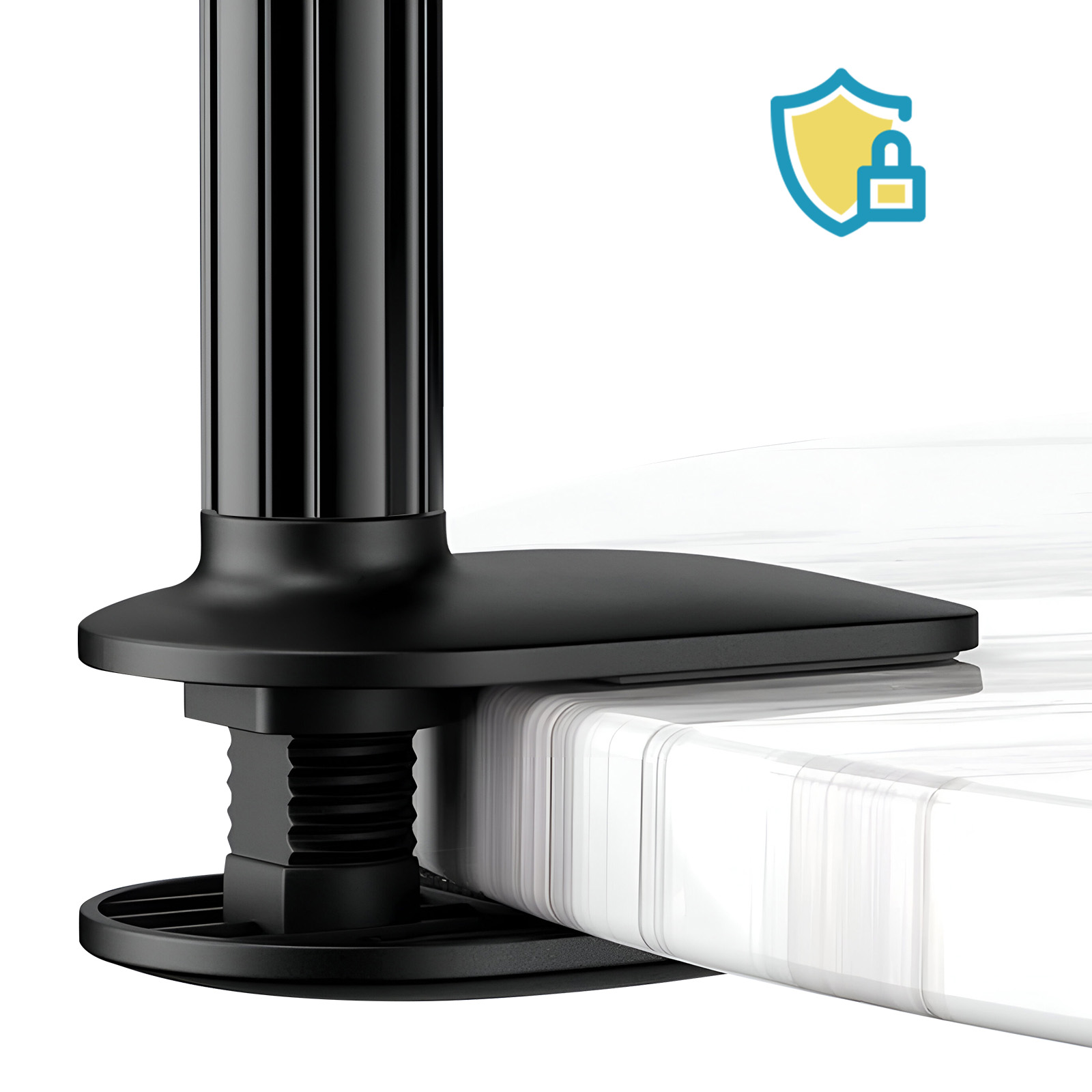 Una base per supporto monitor nera fissata a un tavolo bianco. Un'icona di scudo di sicurezza si trova nell'angolo in alto a destra.