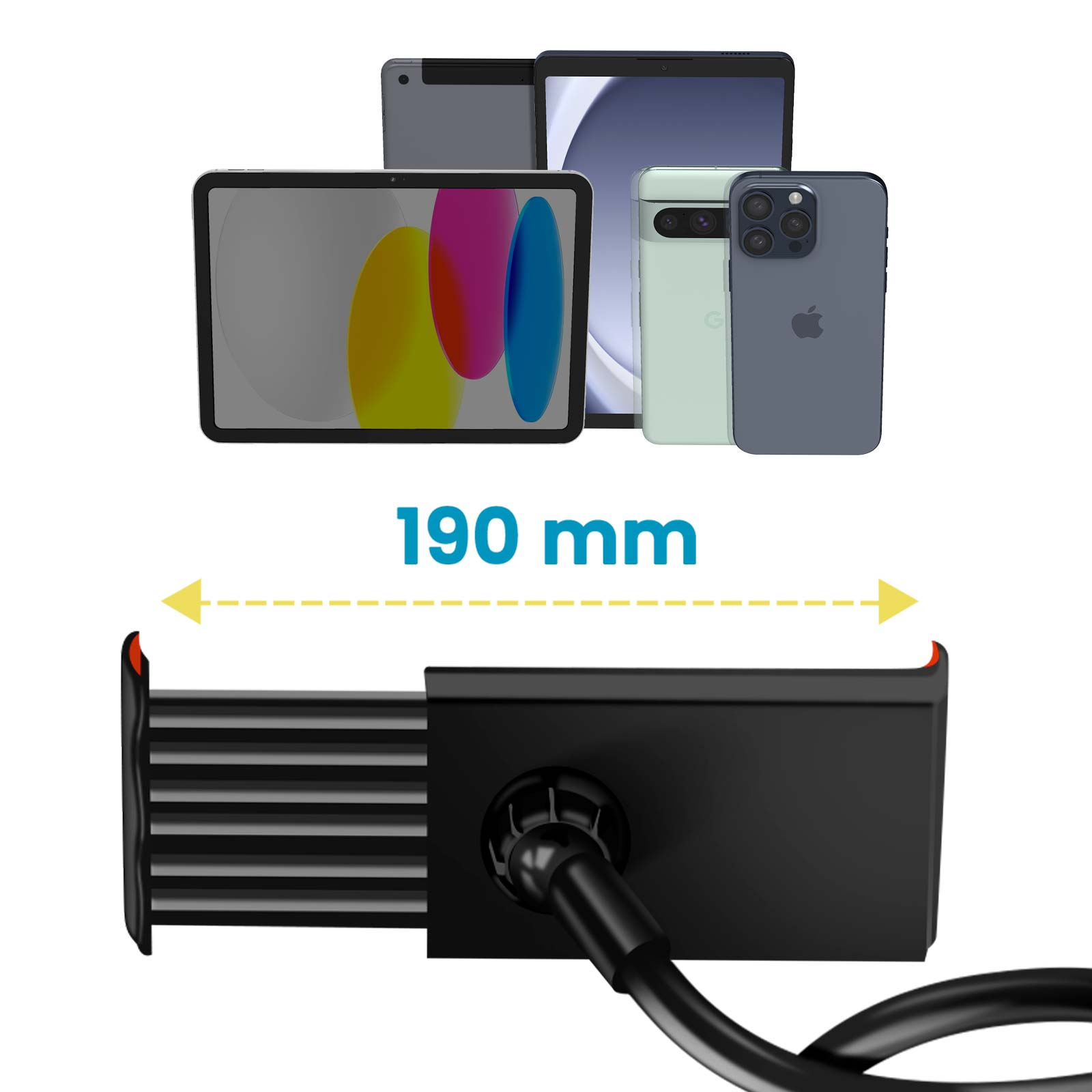 Dispositivi: tablet, telefono. Supporto nero con cavo nero. Testo 190 mm con frecce.
