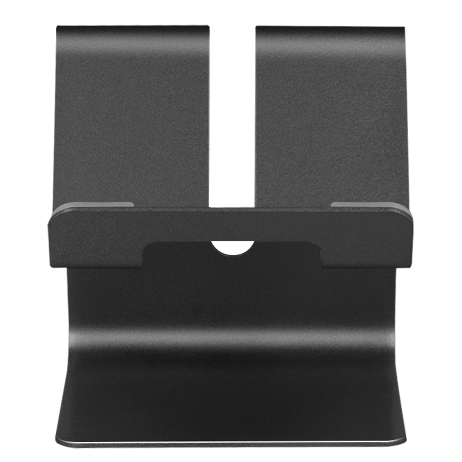 Support de téléphone noir avec une base incurvée et deux supports verticaux. Fond blanc.