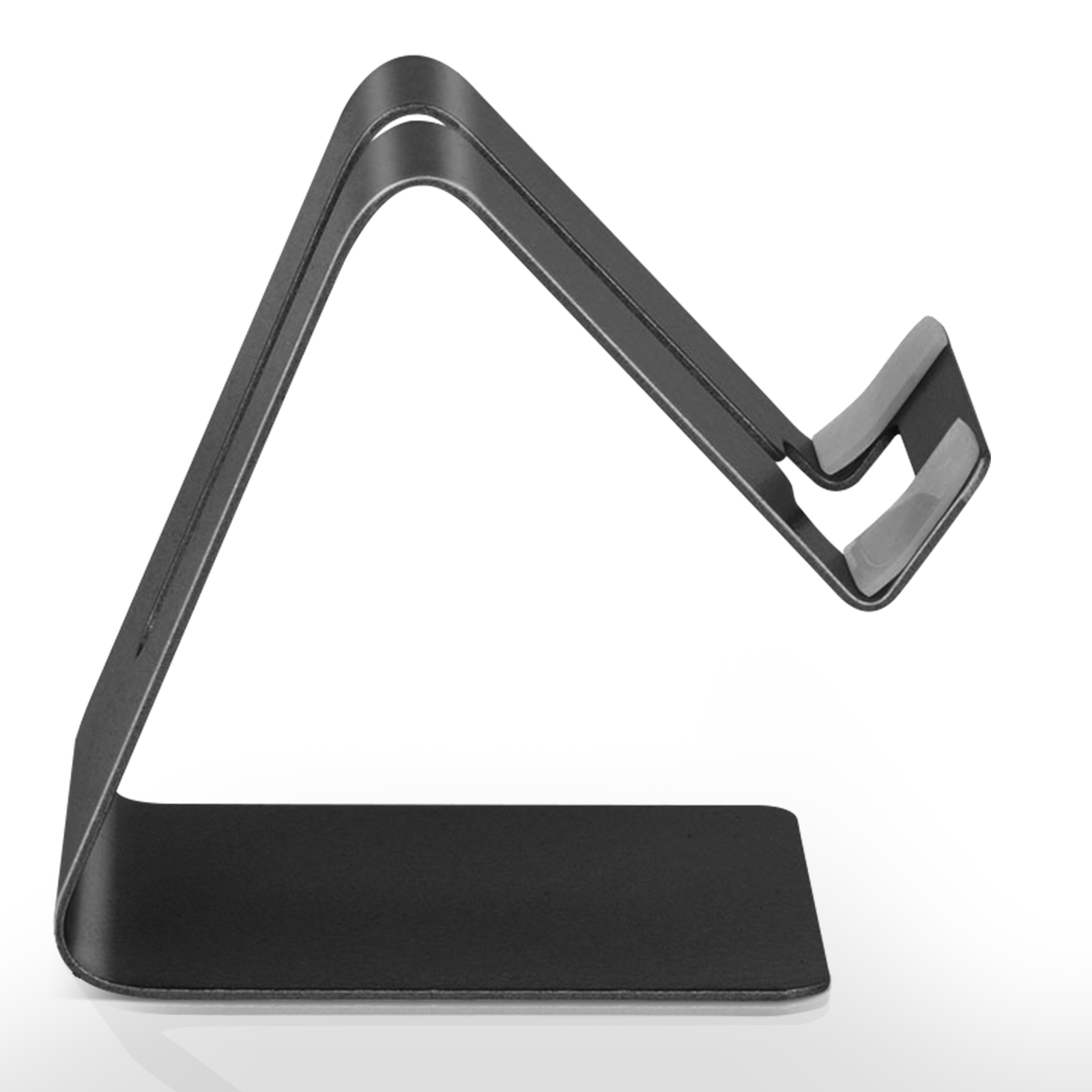 Un support de tablette en métal noir est sur une surface blanche. Il a un design incurvé.